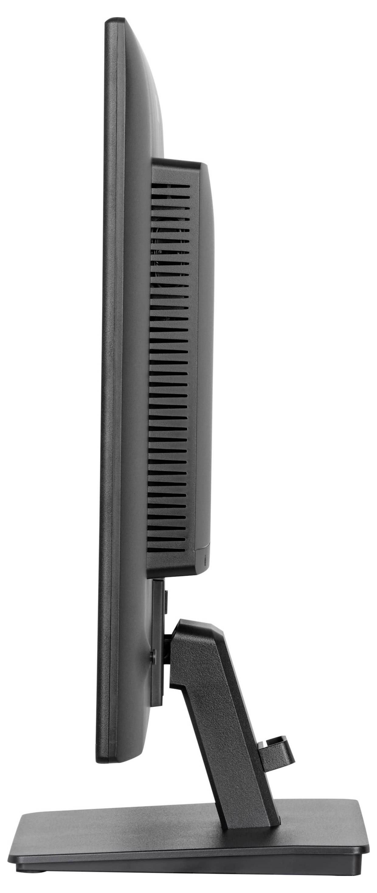 Een zijkant van een platte computermonitor op een standaard, waarbij het slanke ontwerp en de verstelbare kantelingsruimte wordt benadrukt.