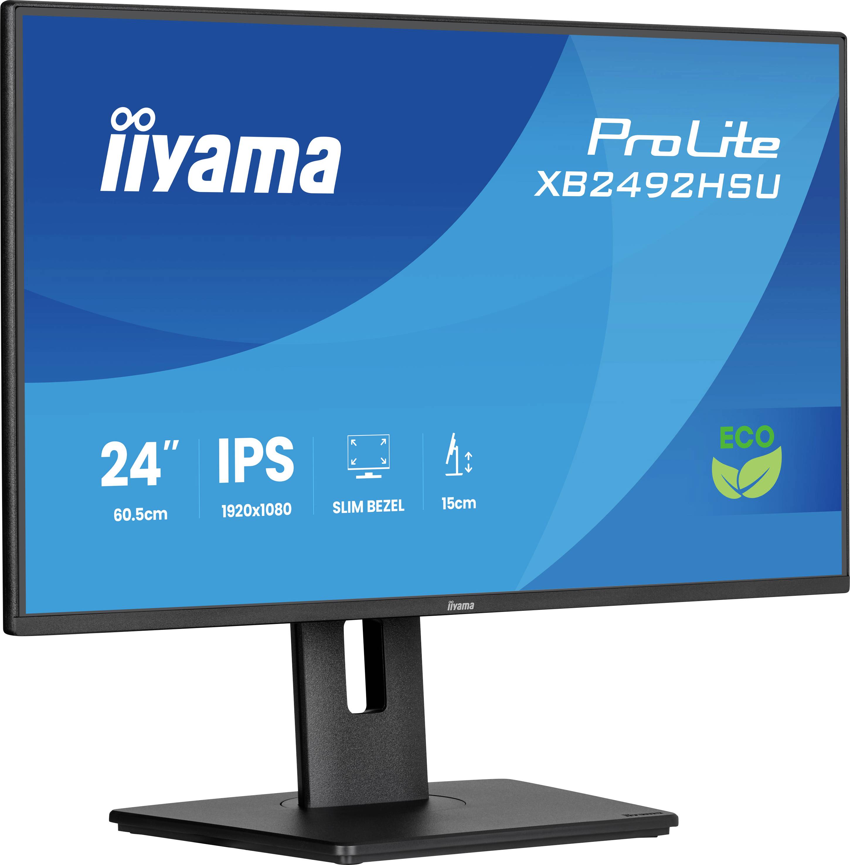 Een computermonitor met 'iiyama ProLite XB2492HSU', met een 24-inch IPS-scherm, 1920x1080-resolutie, smal frame en ecolabel.