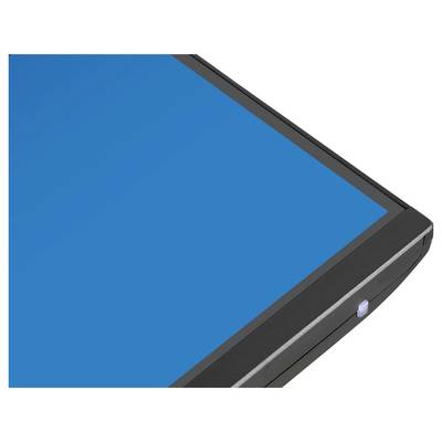 Zijaanzicht van computermonitor met een slanke vorm en een stevig onderstel.