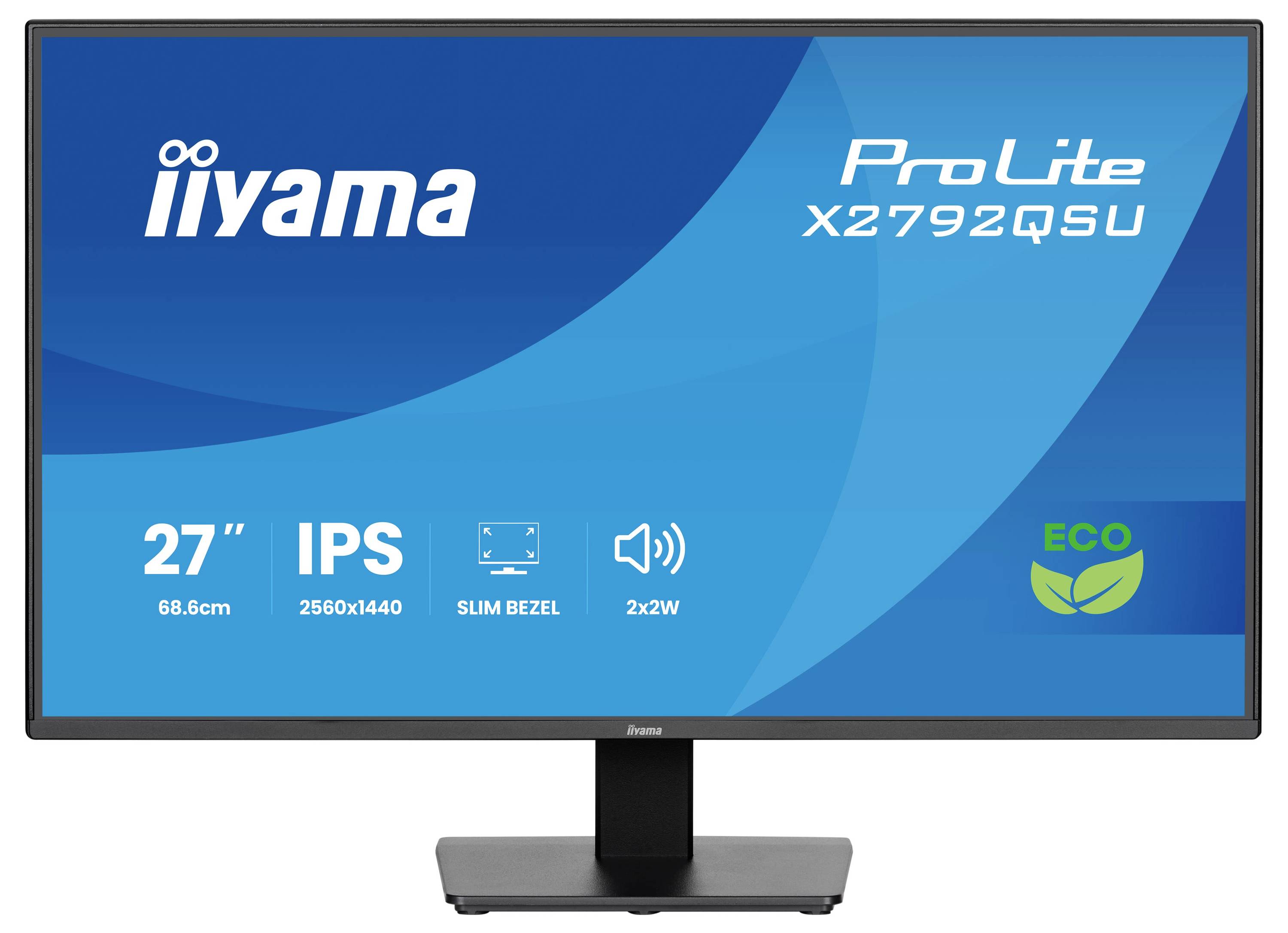 'Iiyama ProLite X2792QSU' monitor met 27-inch IPS-display, 2560x1440 resolutie, smal frame, 2x2W speakers en eco-vriendelijk ontwerp.
