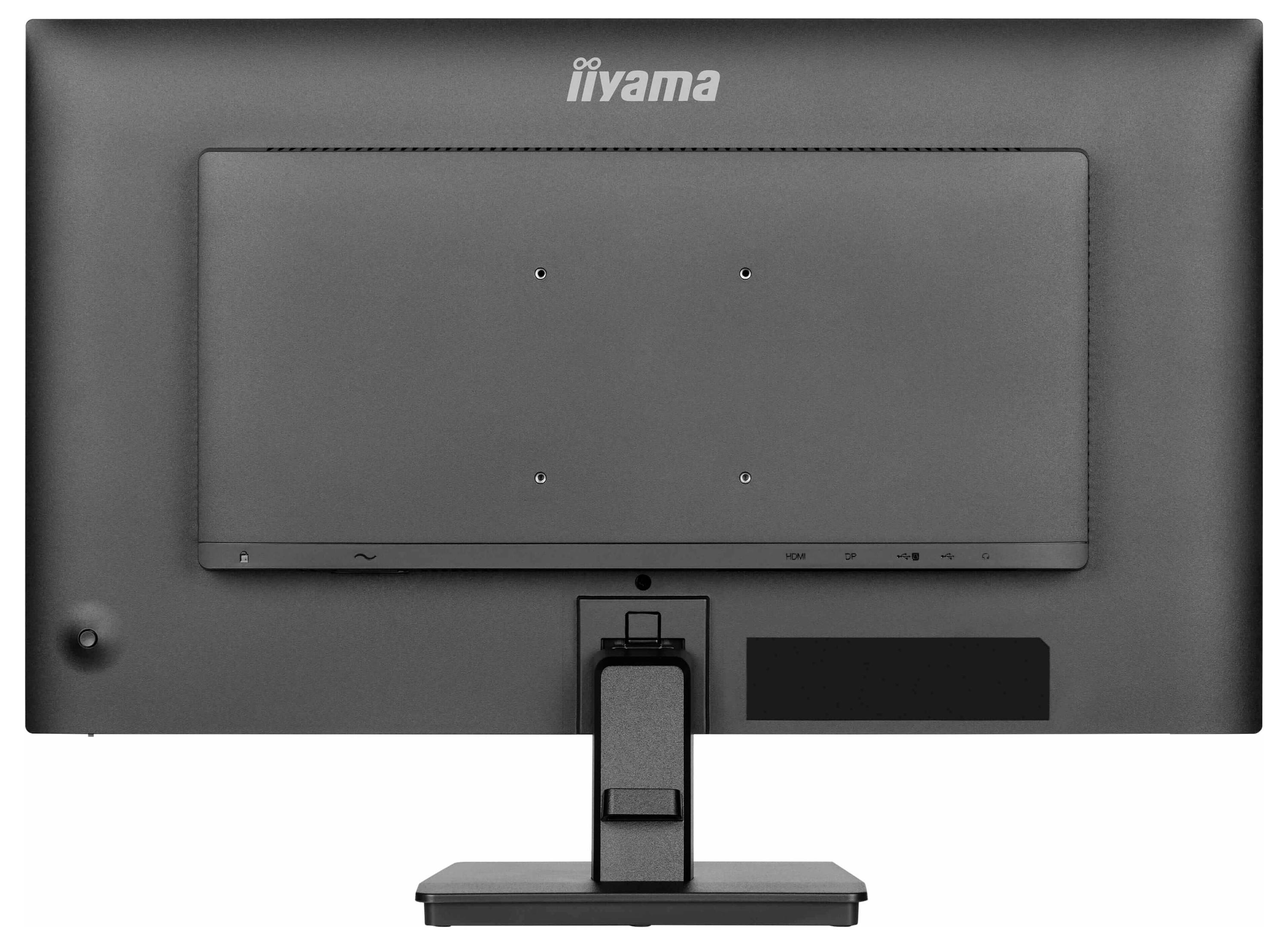De afbeelding toont de achterkant van een zwarte iiyama computermonitor met een rechthoekige voet en bevestigingspunten op het achterpaneel.