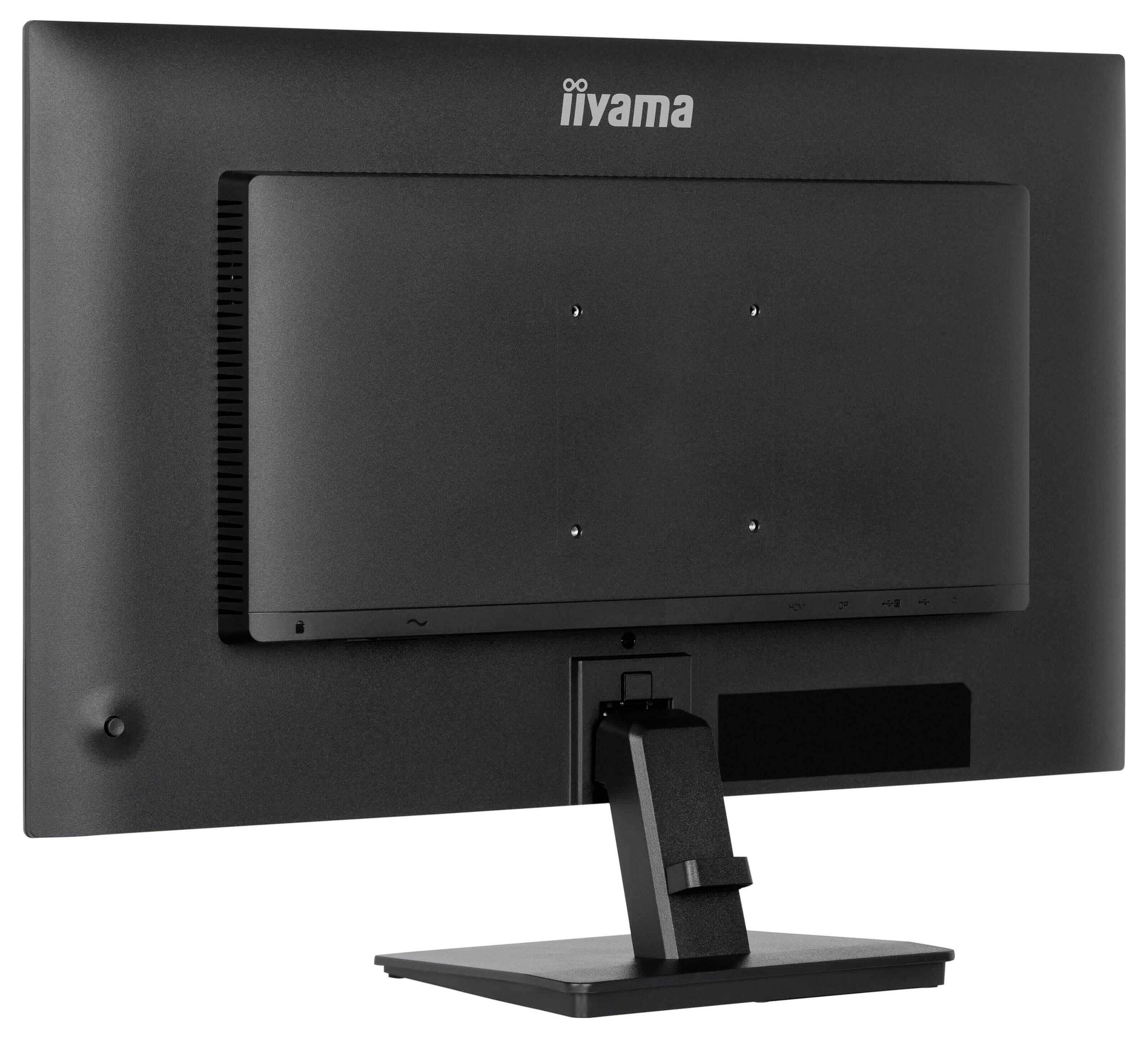 'Achteraanzicht van een zwart iiyama computerbeeldscherm met zichtbare voet en montageinterface. Geen zichtbare aansluitingen of knoppen.'