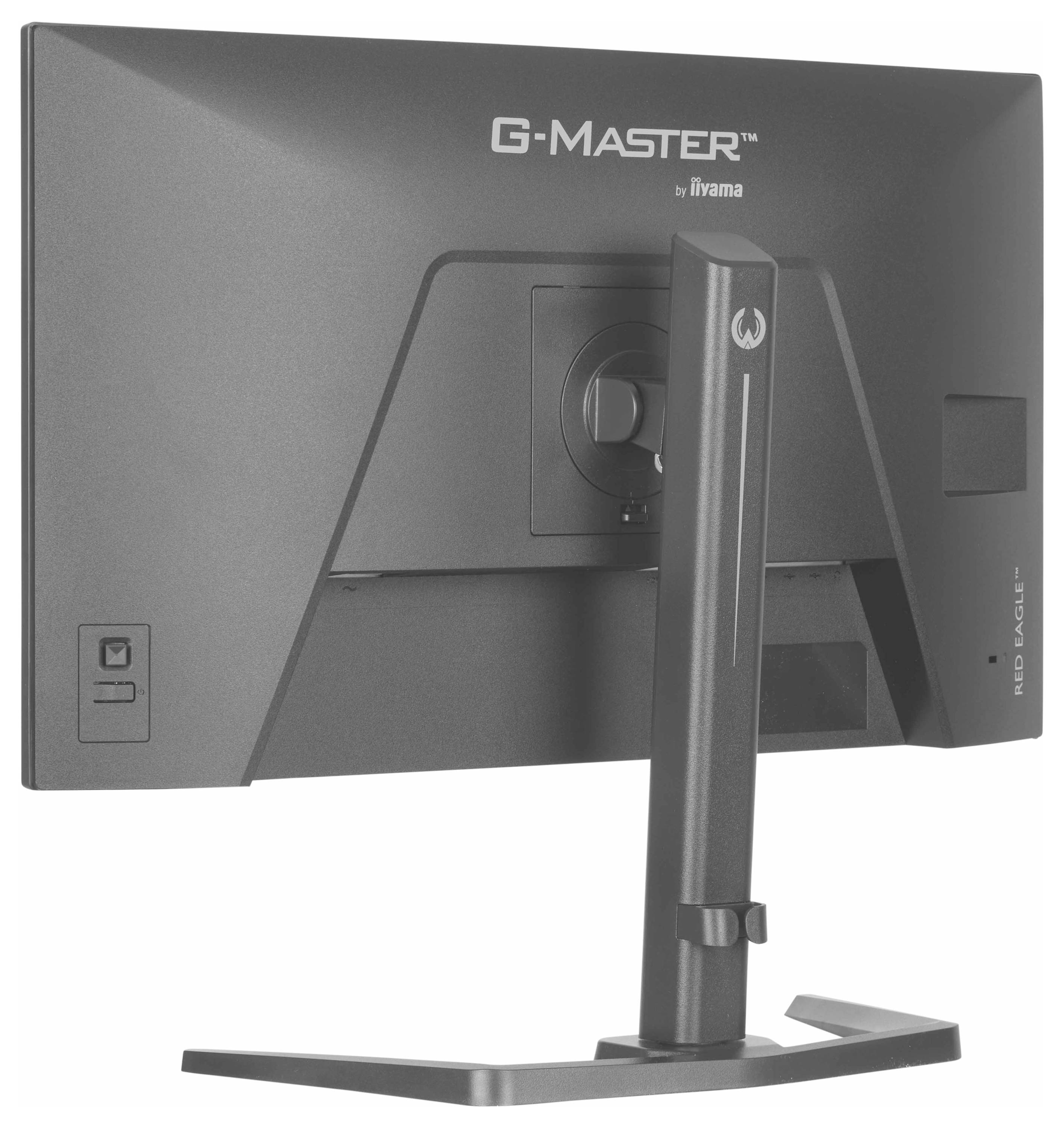Een computermonitor met het logo 'G-Master by iiyama' zichtbaar op de achterkant. De monitor is gemonteerd op een standaard met een rechthoekige basis.