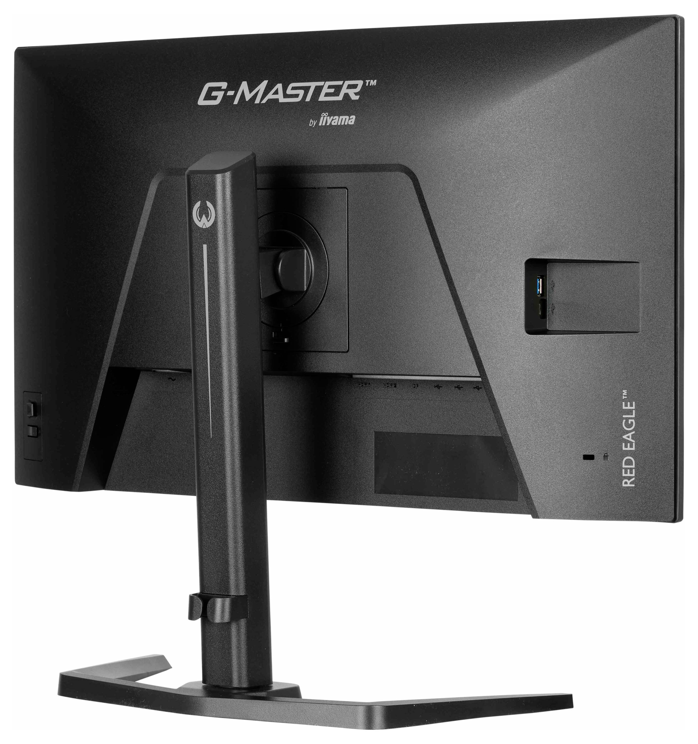 Achterzijde van een zwarte LED-monitor met het label 'G-Master Red Eagle' van Iiyama, met zicht op de standaard en connectiviteitspoorten.