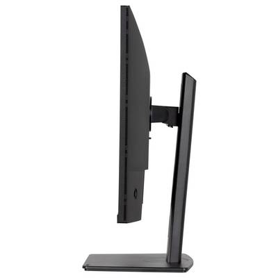 Zijkant van een dun, zwart computermonitor op een standaard, die het slanke ontwerp en de mogelijkheid tot verticale verstelling laat zien.