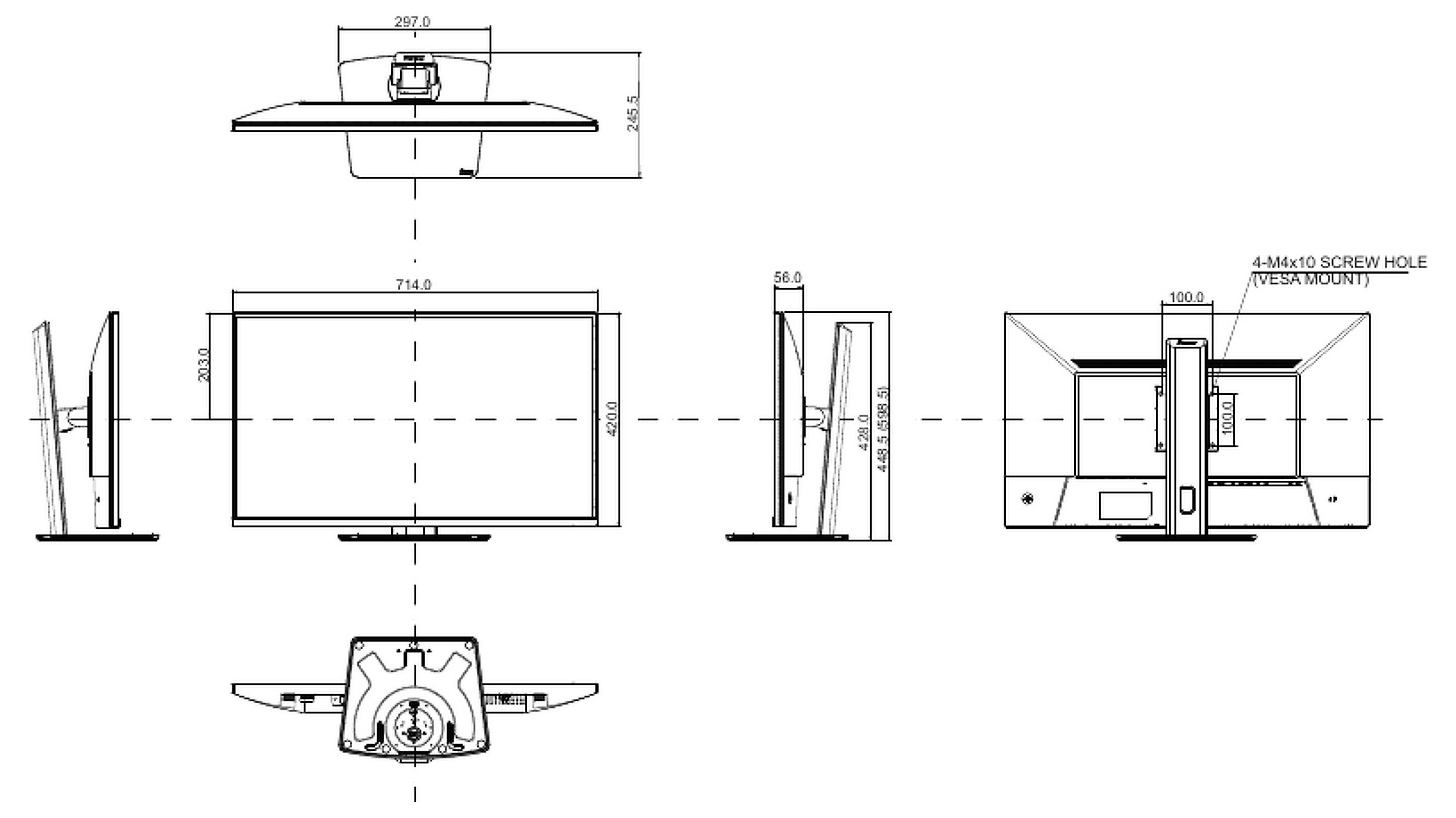 Technisch diagram met vijf aanzichten van een monitor met afmetingen. Voor-, zij-, achter-, boven- en onderzichten tonen metingen in millimeters.