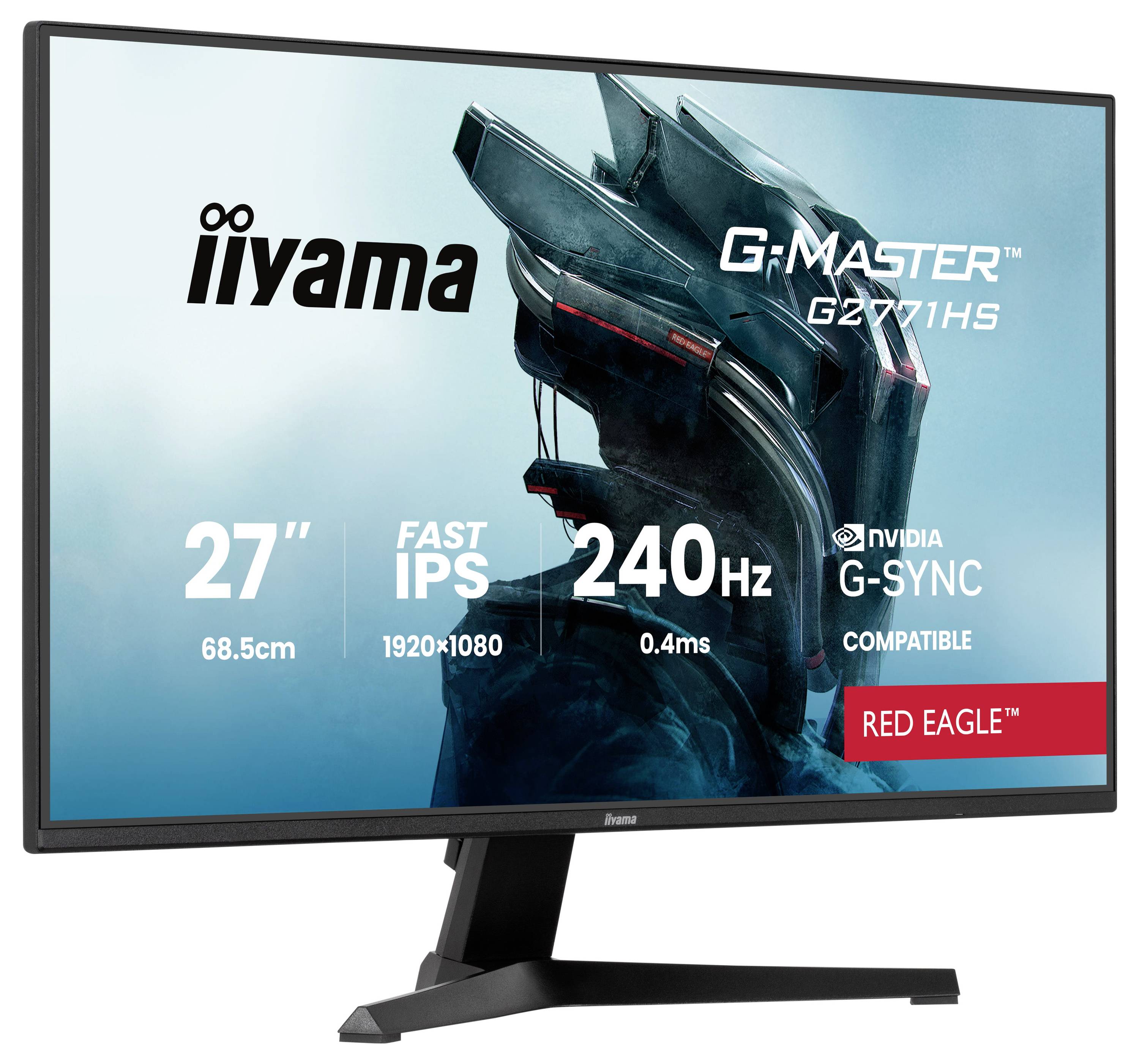 Een monitor die een futuristisch beeld op het scherm weergeeft. Tekst leest: 'iiyama G-Master G2771HS, 27", Fast IPS, 1920x1080, 240Hz, G-SYNC Compatible, Red Eagle'.