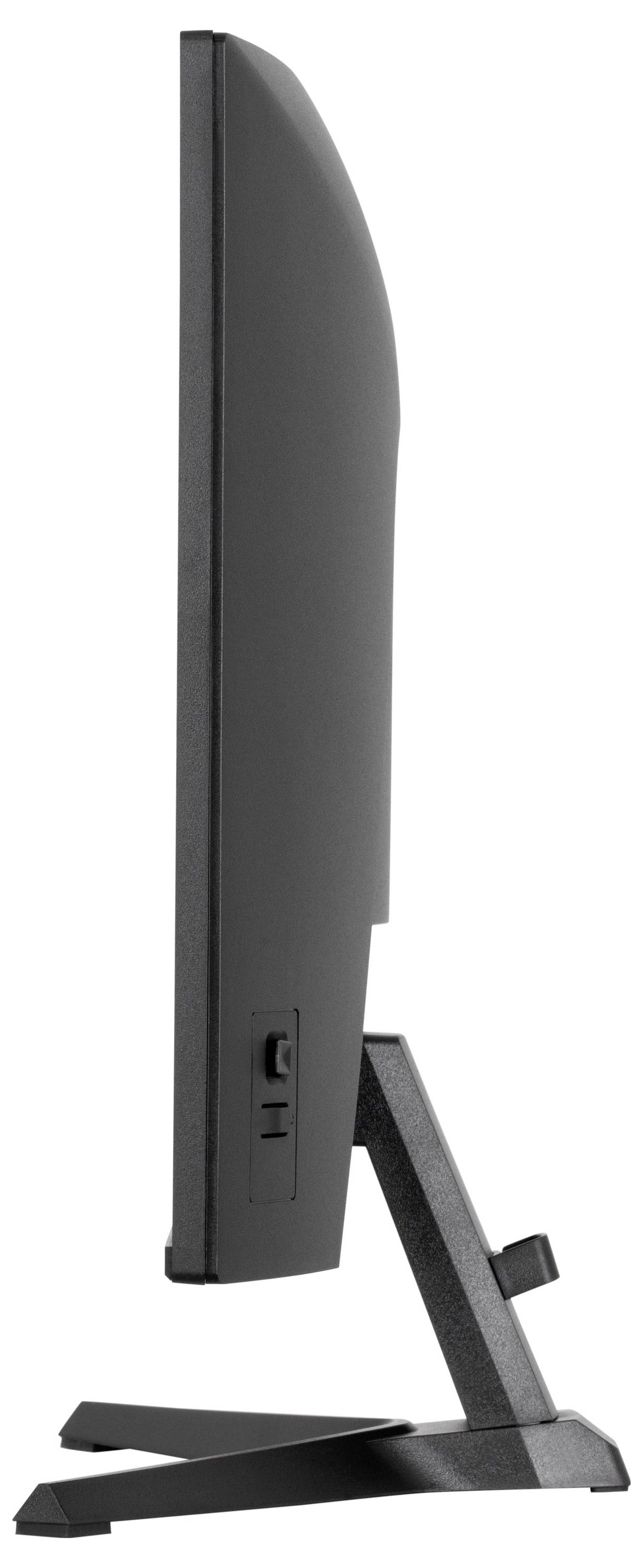 Een zijprofielweergave van een dunne flatscreenmonitor op een standaard, die het slanke en minimalistische ontwerp laat zien.