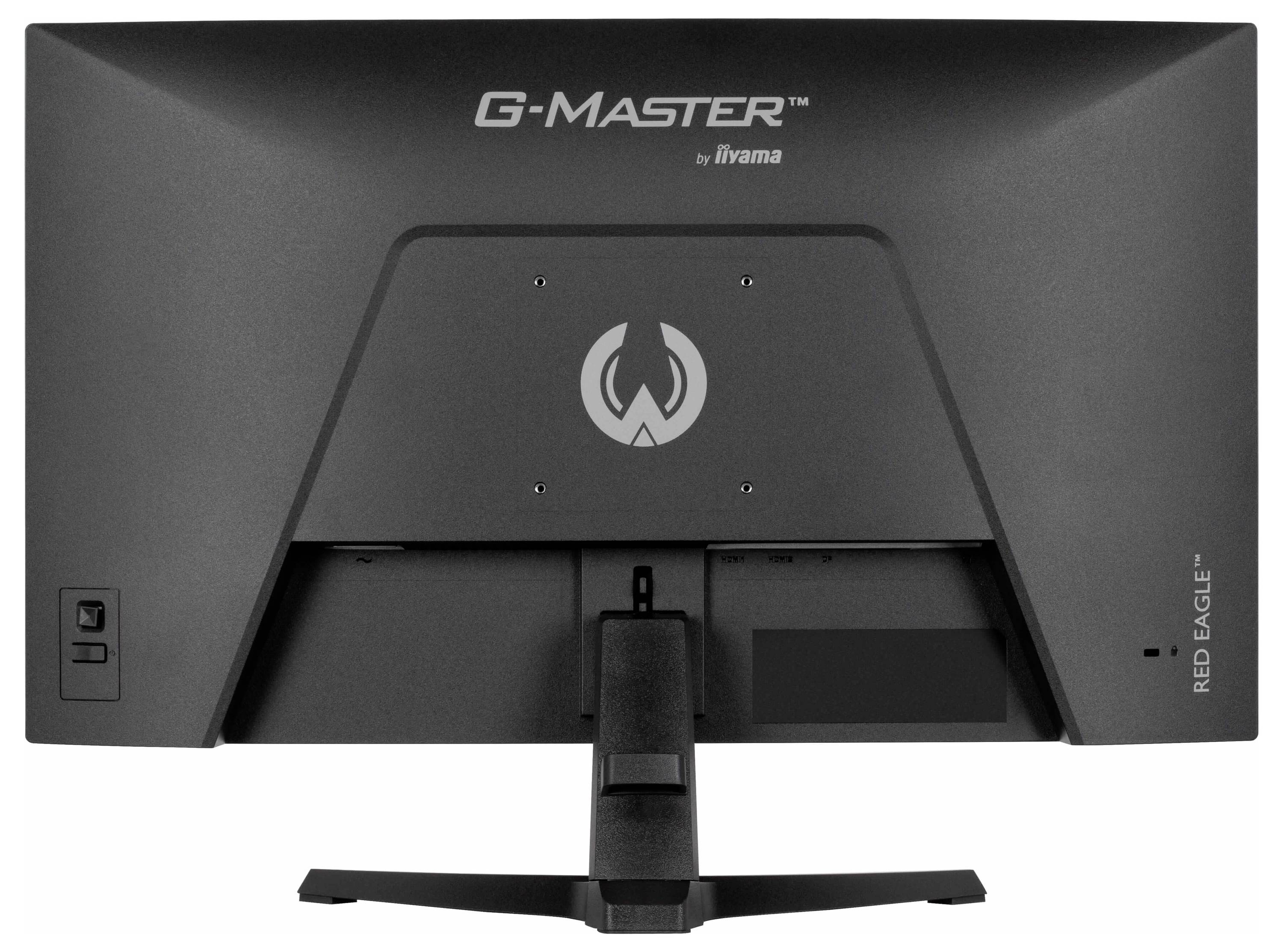 Een achteraanzicht van een G-Master Red Eagle-monitor van iiyama, met zichtbare poorten en standaard.