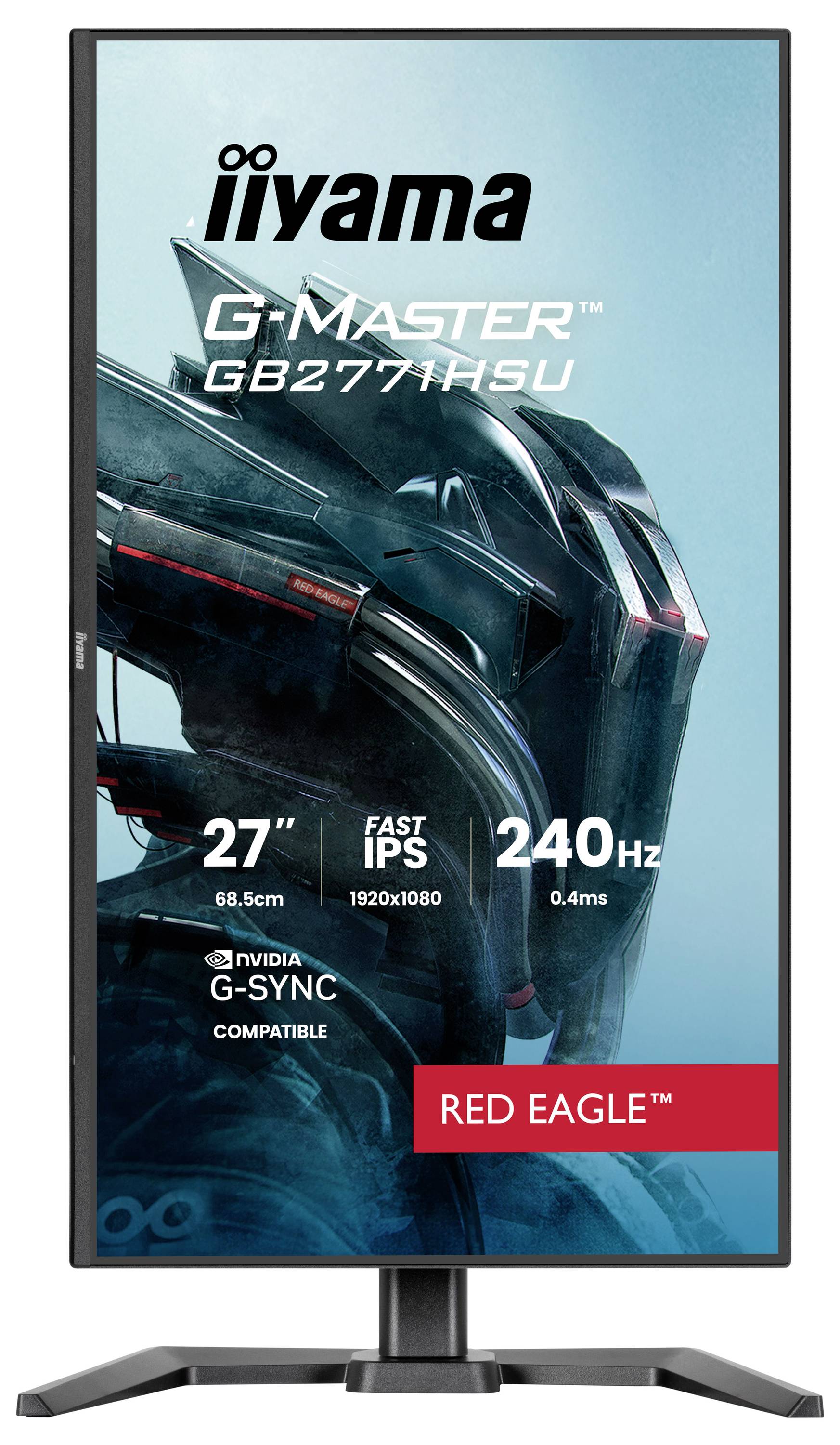 'iiyama G-Master GB2777HSU' gamingmonitor, met de volgende kenmerken: 27-inch, 1920x1080 resolutie, 240Hz verversingssnelheid, 0,4ms reactietijd, NVIDIA G-SYNC compatible.