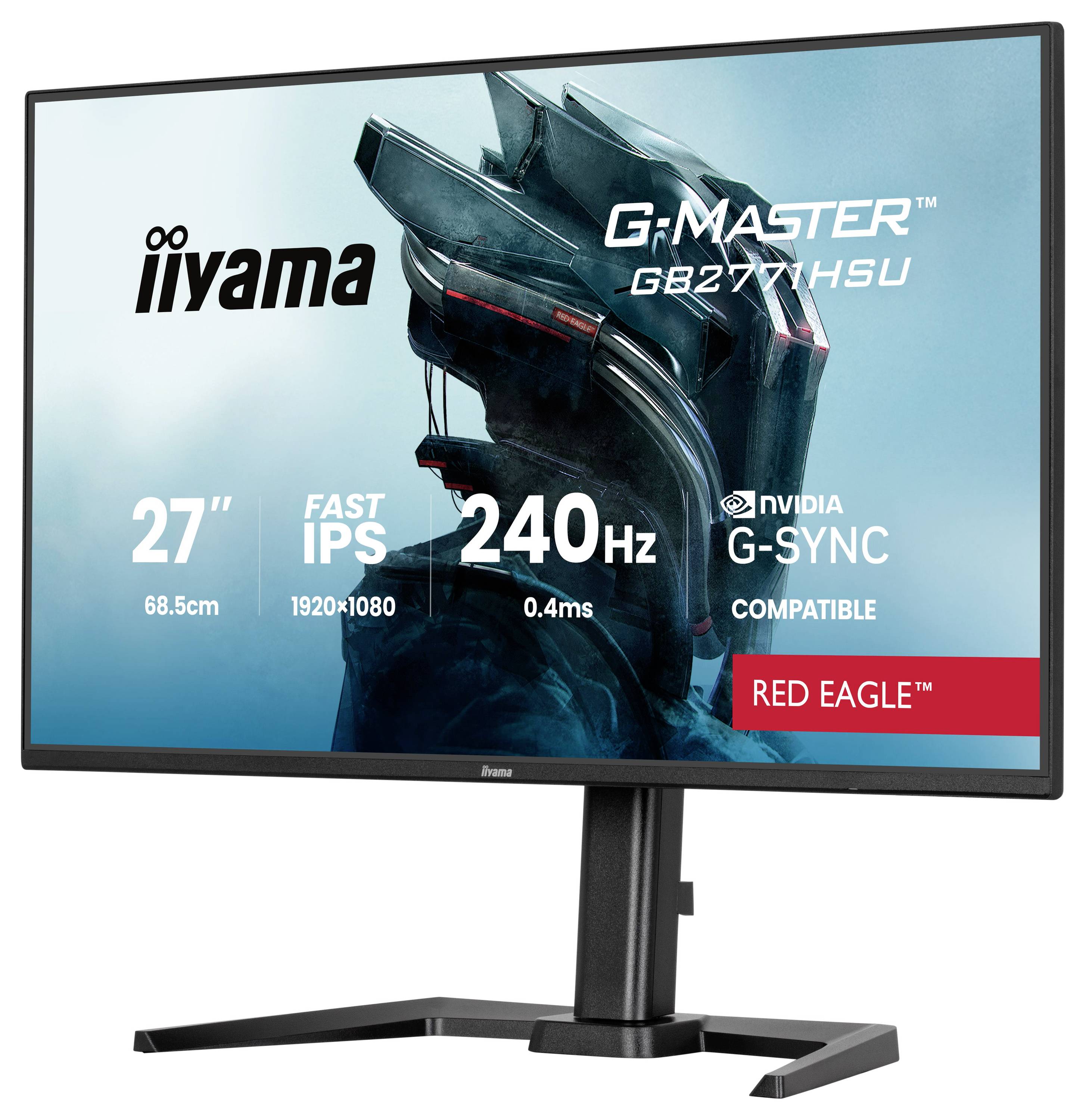Een computermonitor die specificaties toont: '27" Fast IPS, 240Hz, 1920x1080'. Het merk omvat 'iiyama', 'G-Master GB2777HSU', 'NVIDIA G-SYNC compatible' en 'Red Eagle'.