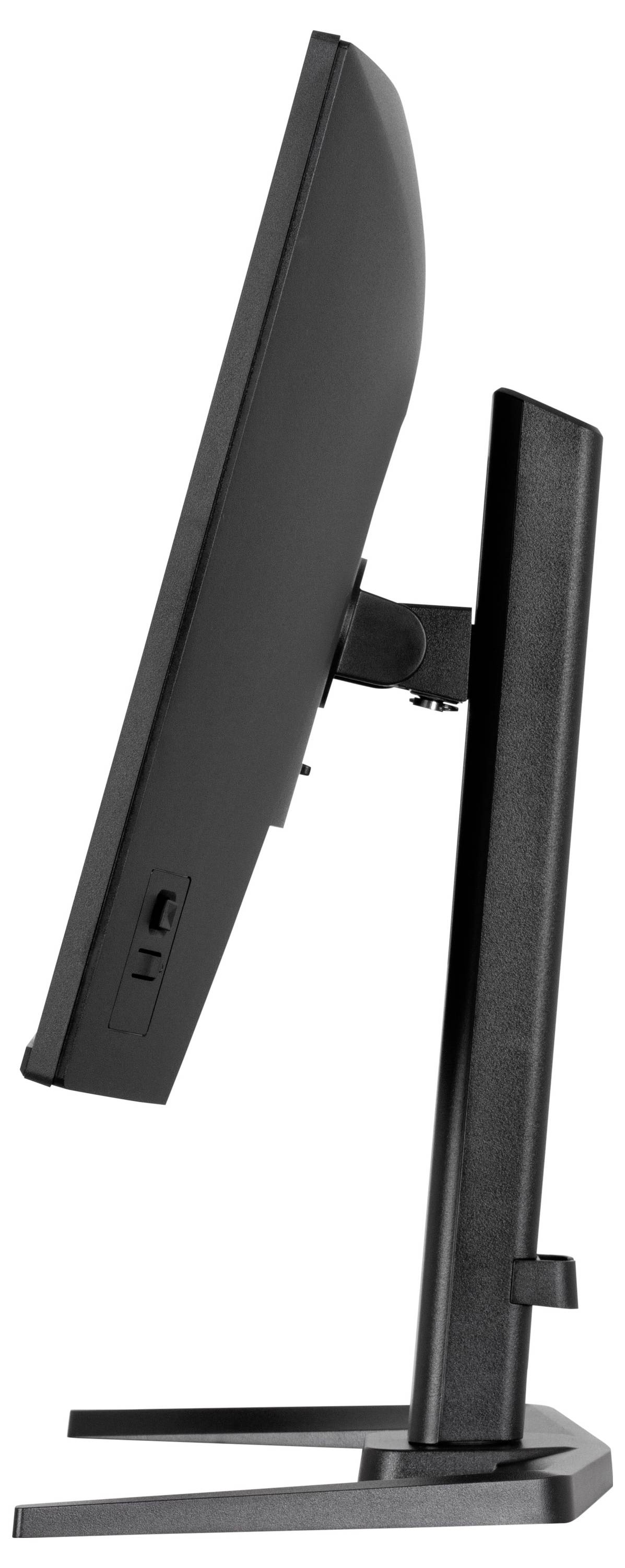 Een zijkant aanzicht van een slanke zwarte computermonitor op een standaard, waarbij het dunne ontwerp en de verstelbare kantelbare functie worden benadrukt.