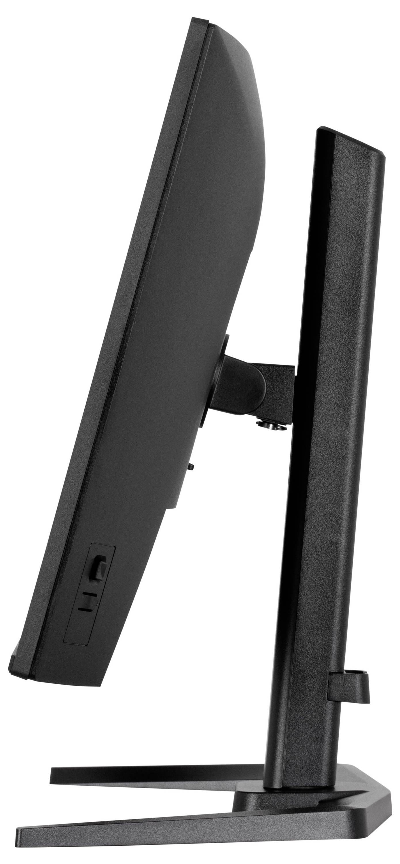 Zijkant van een zwarte computermonitor op een standaard, met zicht op het slanke ontwerp van het scherm en de verstelbare kantelbare functie.
