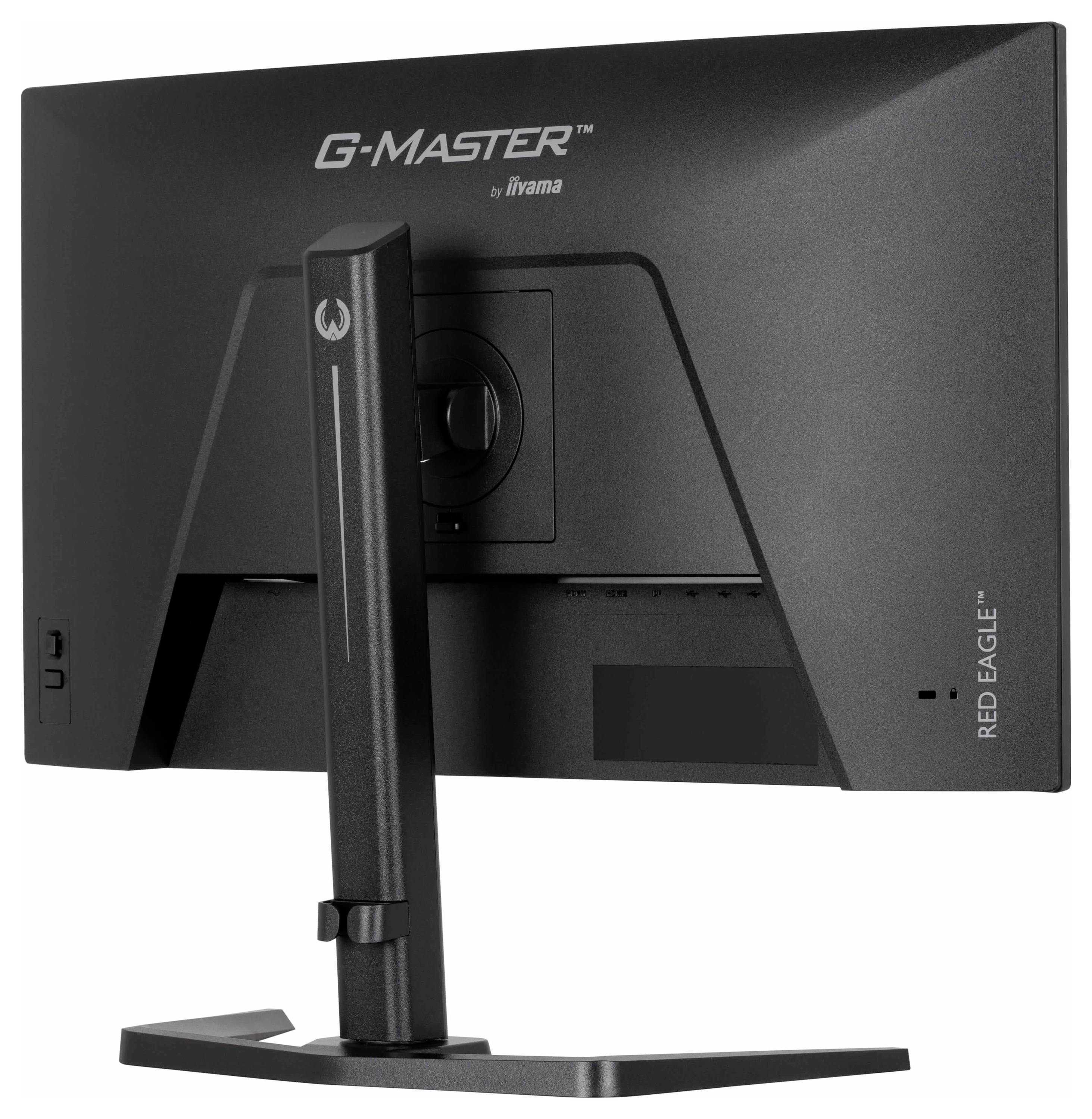 Achteraanzicht van een zwarte computermonitor op een standaard, gelabeld met 'G-Master' en 'Red Eagle', met zichtbare instelingsmechanismen.