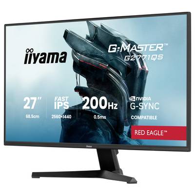 'Iiyama G-Master G2771QS' monitor met een futuristisch gehelmde personage op het scherm. Kenmerken: 27-inch, 2560x1440 resolutie, 200Hz, snelle IPS, en NVIDIA G-SYNC compatibel.