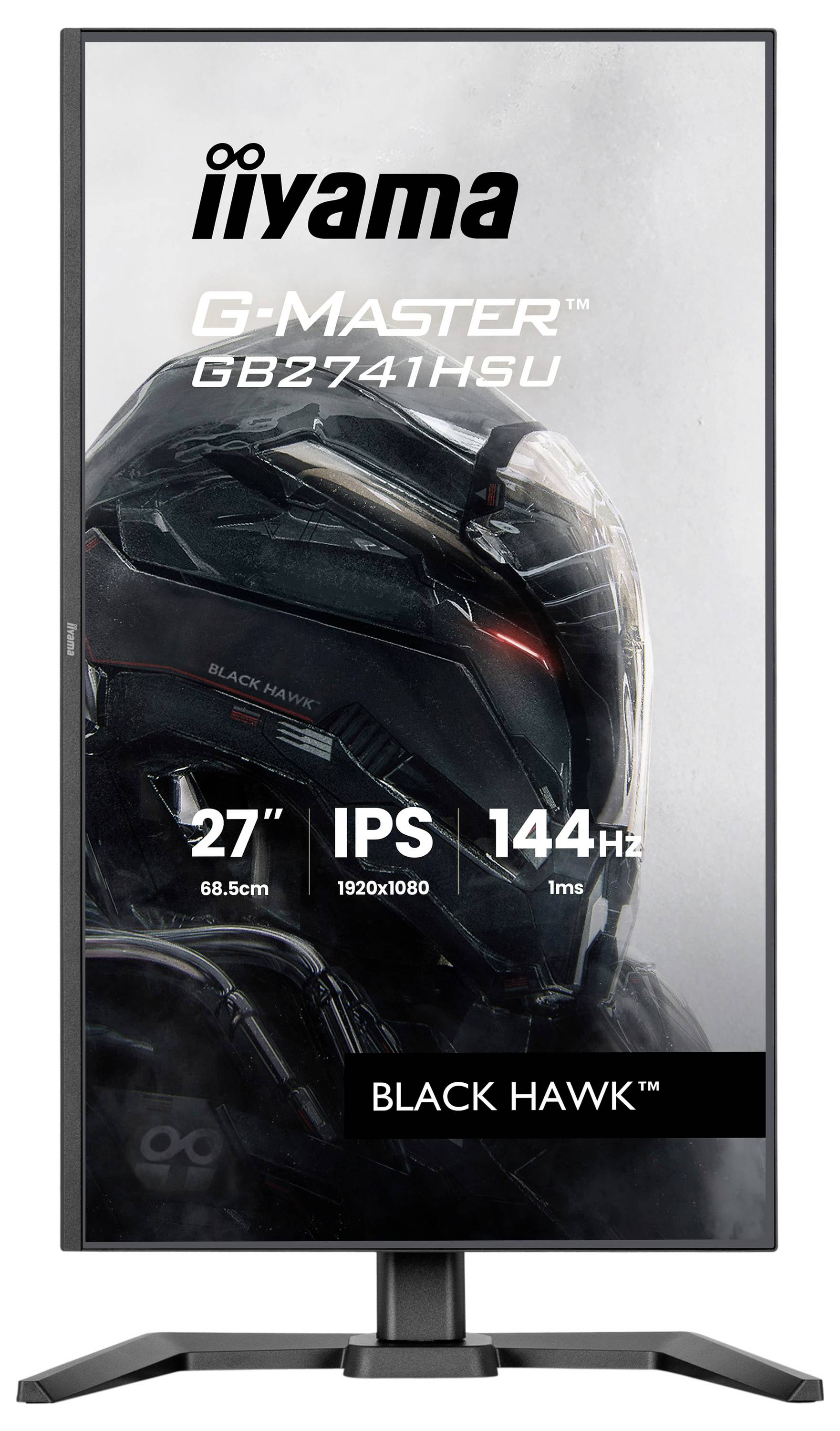 'Iiyama G-Master GB2741HSU' monitor met een robotisch themadesign. Gemarkeerde functies omvatten 27" beeldscherm, IPS, 144Hz en 1ms reactietijd.