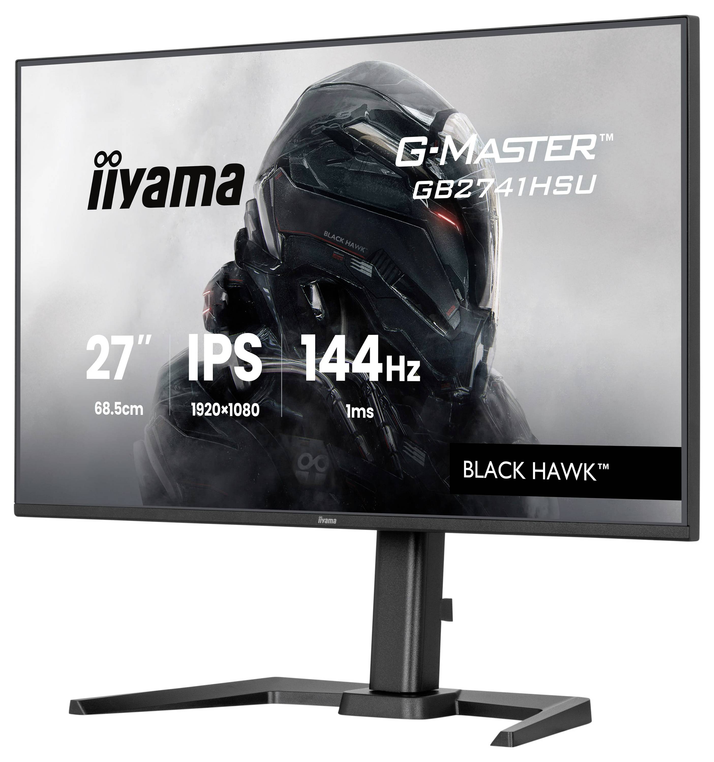 Een '27" iiyama G-Master monitor, model GB2741HSU, met IPS-technologie, 144Hz verversingsfrequentie, 1920x1080 resolutie, 1ms reactietijd.'