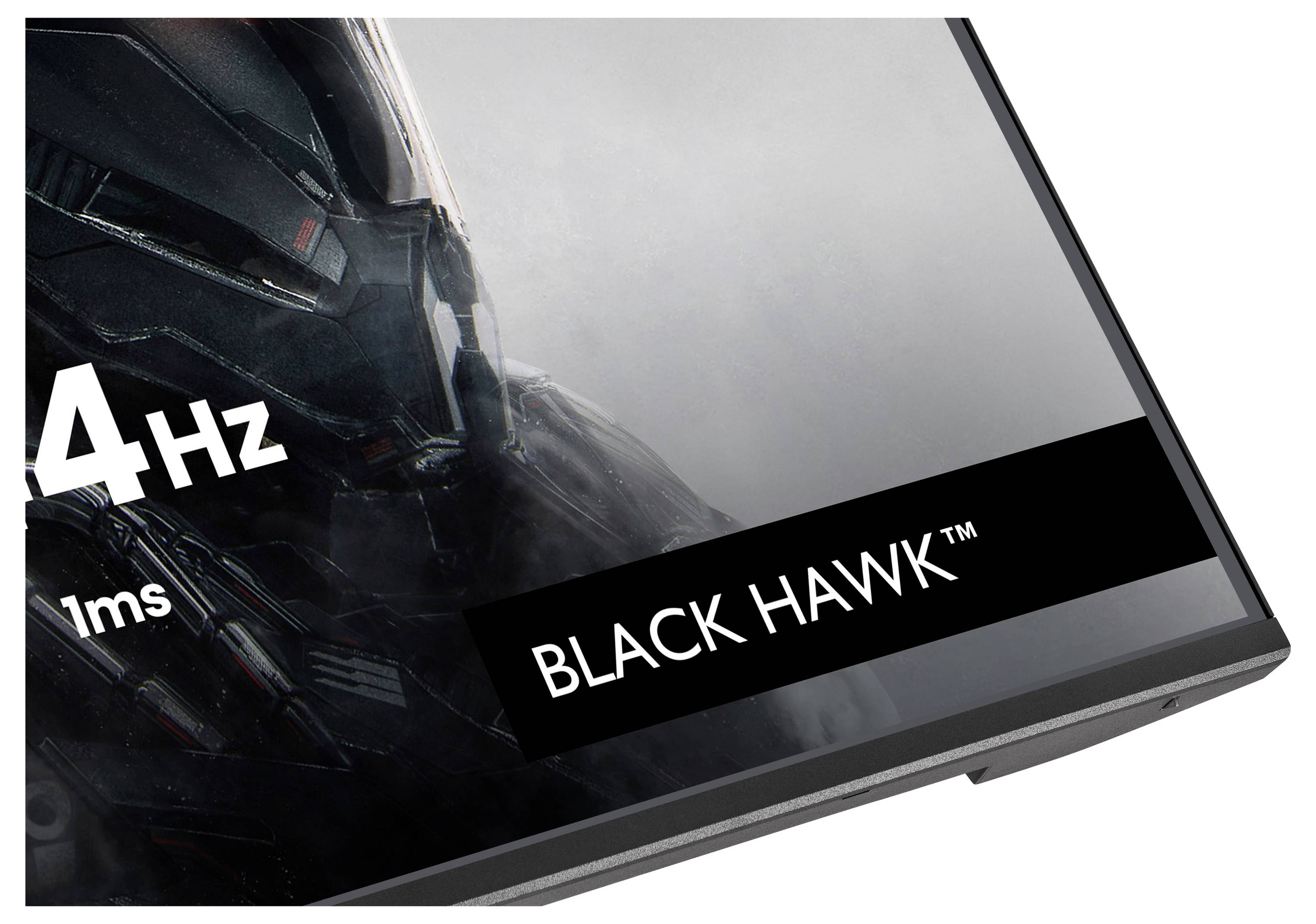 'BLACK HAWK™' tekst in een hoek van een monitor, naast '4 Hz 1ms', met een gedeeltelijke afbeelding van een robotachtig of gepantserd figuur.