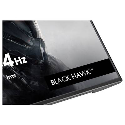 'BLACK HAWK™' tekst in een hoek van een monitor, naast '4 Hz 1ms', met een gedeeltelijke afbeelding van een robotachtig of gepantserd figuur.