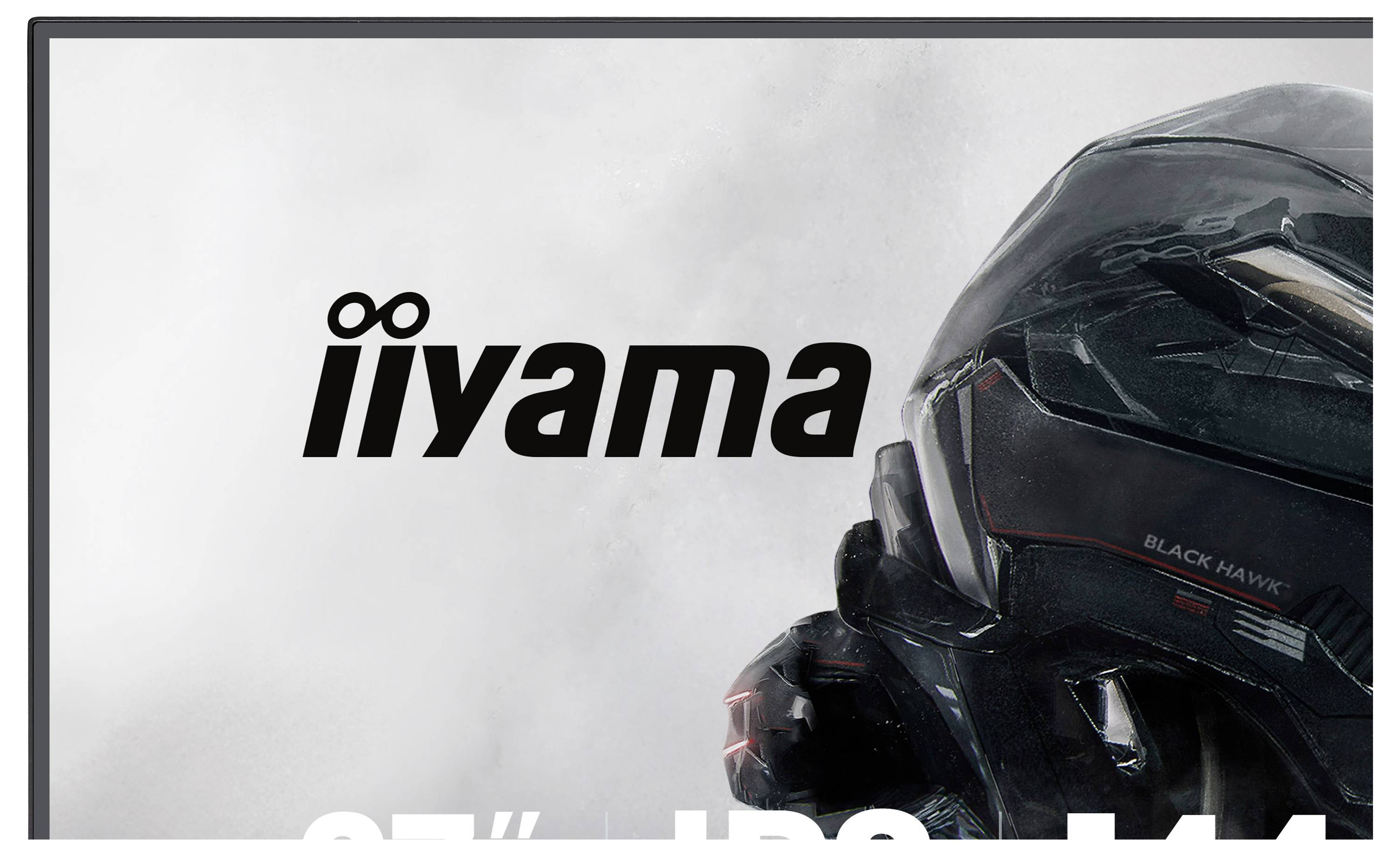 'iiyama'-logo boven een afbeelding van een futuristisch helm gelabeld als 'Black Hawk.'