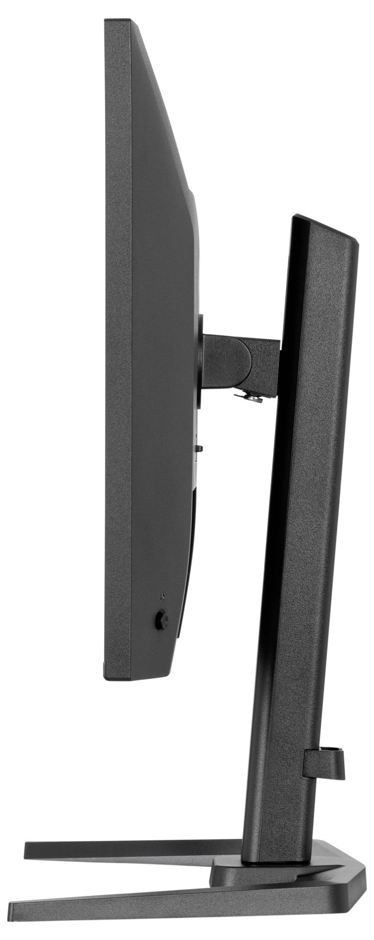 Zijaanzicht van een grijze computermonitor met een verstelbaar onderstel, dat het slanke ontwerp en kantelbare functionaliteit laat zien.