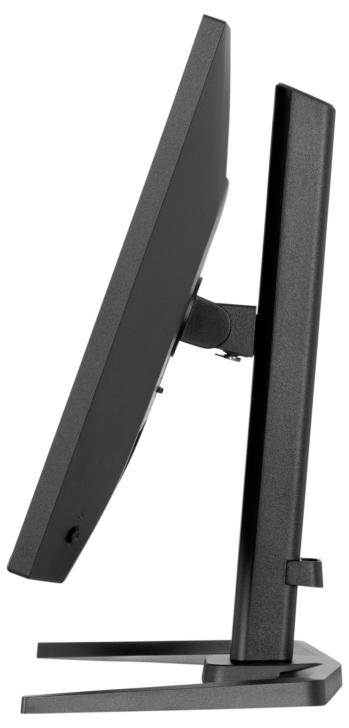 Zijkant van een zwarte computermonitor op een standaard, die het dunne profiel en de ergonomische kantelbare aanpassingsfunctie toont.