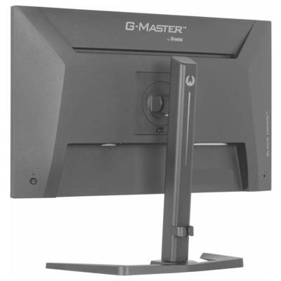 Een zwarte computermonitor met een breed standaard, gelabeld 'G-Master' en 'Black Hawk,' ontworpen door iiyama, gezien vanaf de achterkant.