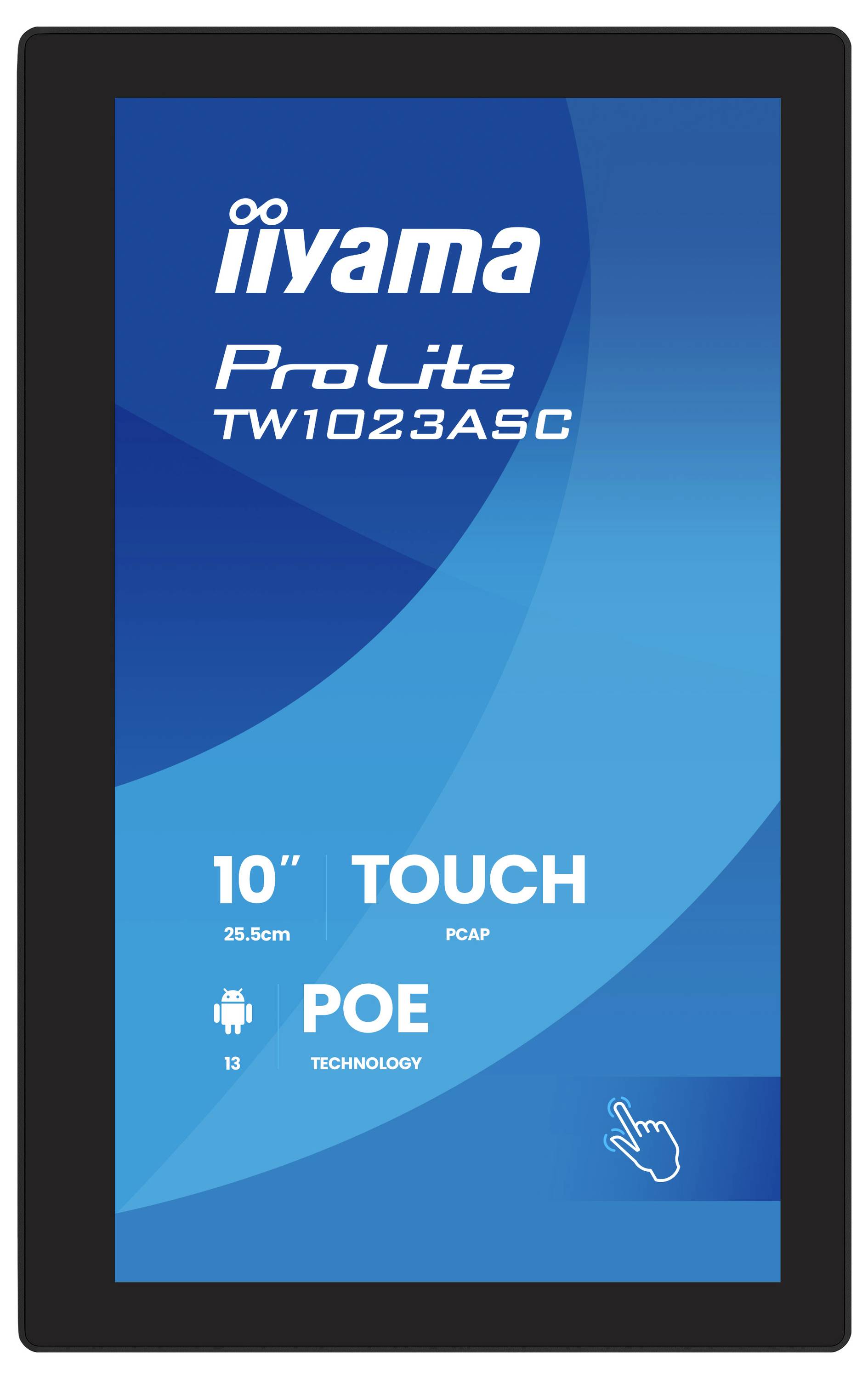 'Iiyama ProLite TW1023ASC', een 10-inch aanraakschermdisplay met PCAP-technologie en POE-mogelijkheid, weergegeven in een blauwe interface.