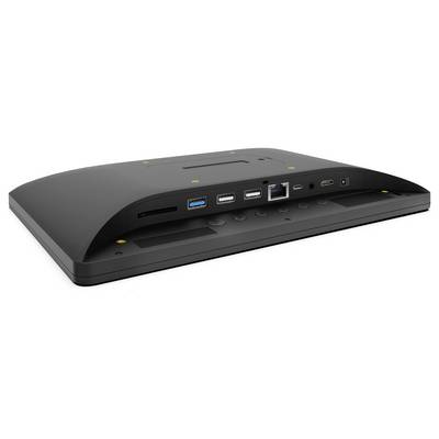'Een zwart elektronisch apparaat met verschillende poorten, waaronder USB, HDMI en Ethernet aan de achterkant.'