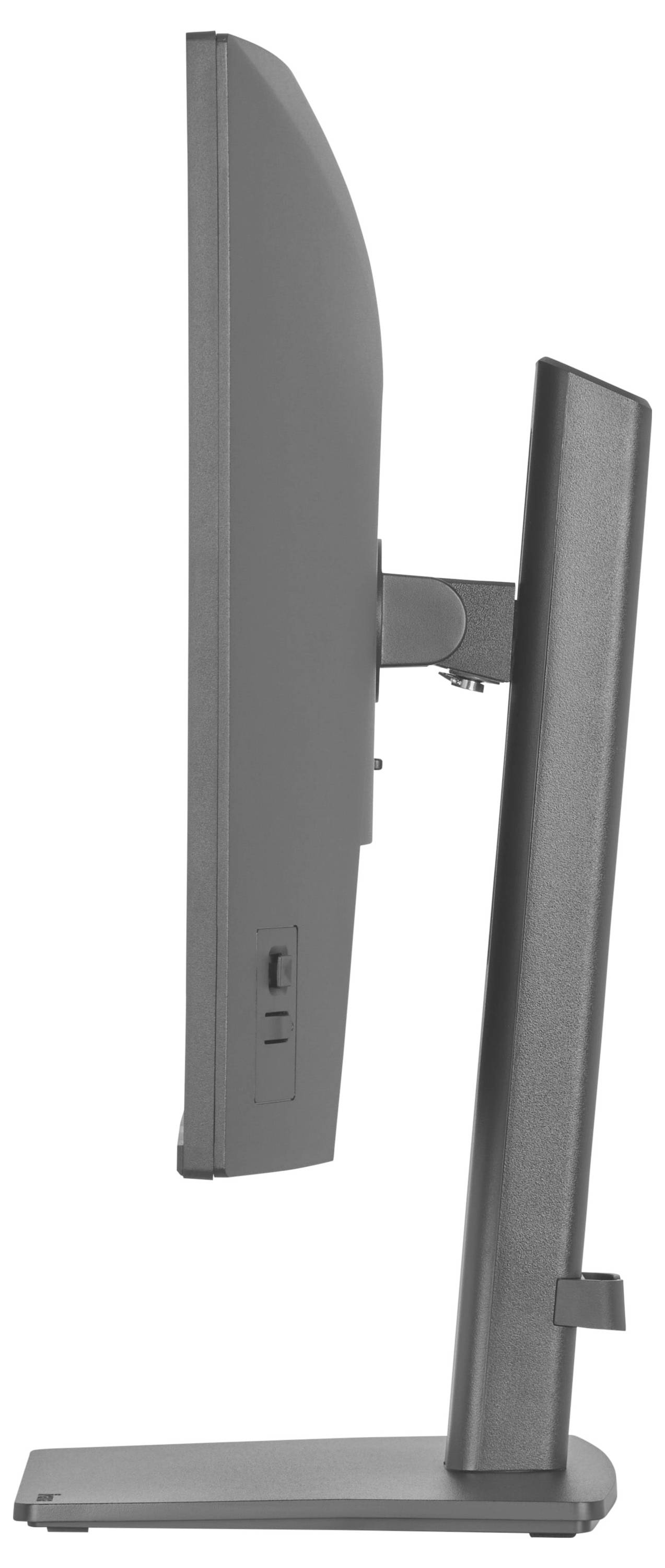 Een zijkant van een zwart computerbeeldscherm op een standaard, waarin het slanke profiel en het minimalistische ontwerp zichtbaar zijn.