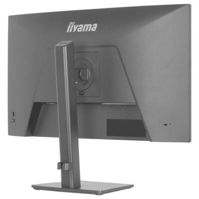 Een computermonitor gezien vanaf de achterkant, met een merklogo en gemonteerd op een slanke, verstelbare standaard.