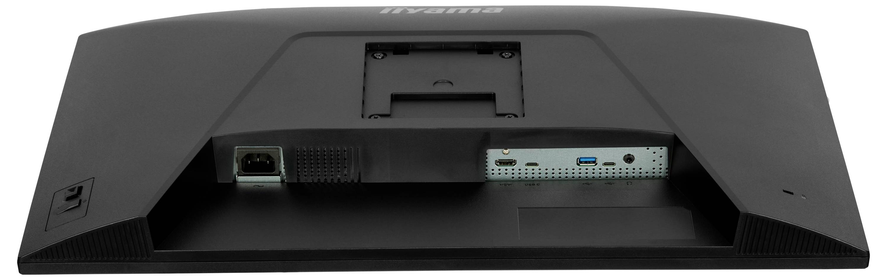 Achteraanzicht van een zwarte monitor met invoerpoorten, waaronder HDMI, USB en stroomverbinding, met branding aan de bovenkant.