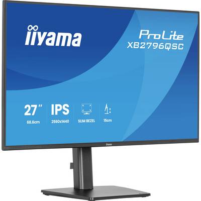 Een computermonitor met de volgende kenmerken: 27 inch formaat, IPS-paneel, 2560x1440 resolutie, smalle rand en verstelbare standaard van 15 cm.