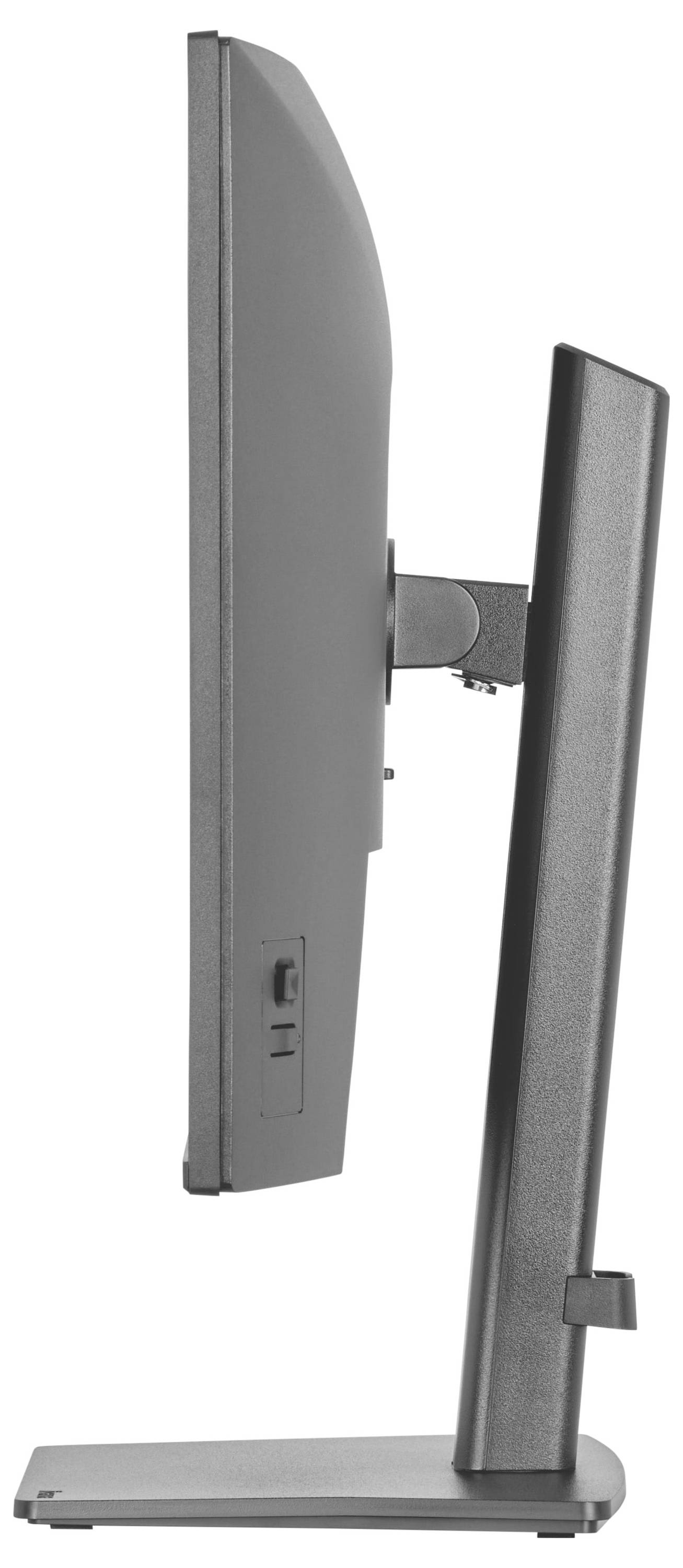 Een zijprofielweergave van een grijze computermonitor, met zijn slanke ontwerp en verstelbare standaard.