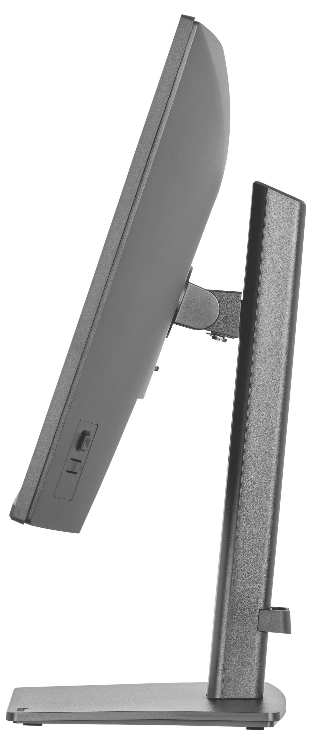 'Achteraanzicht van een grijze computermonitor op een standaard, met zicht op de verstelbare hoogte.'