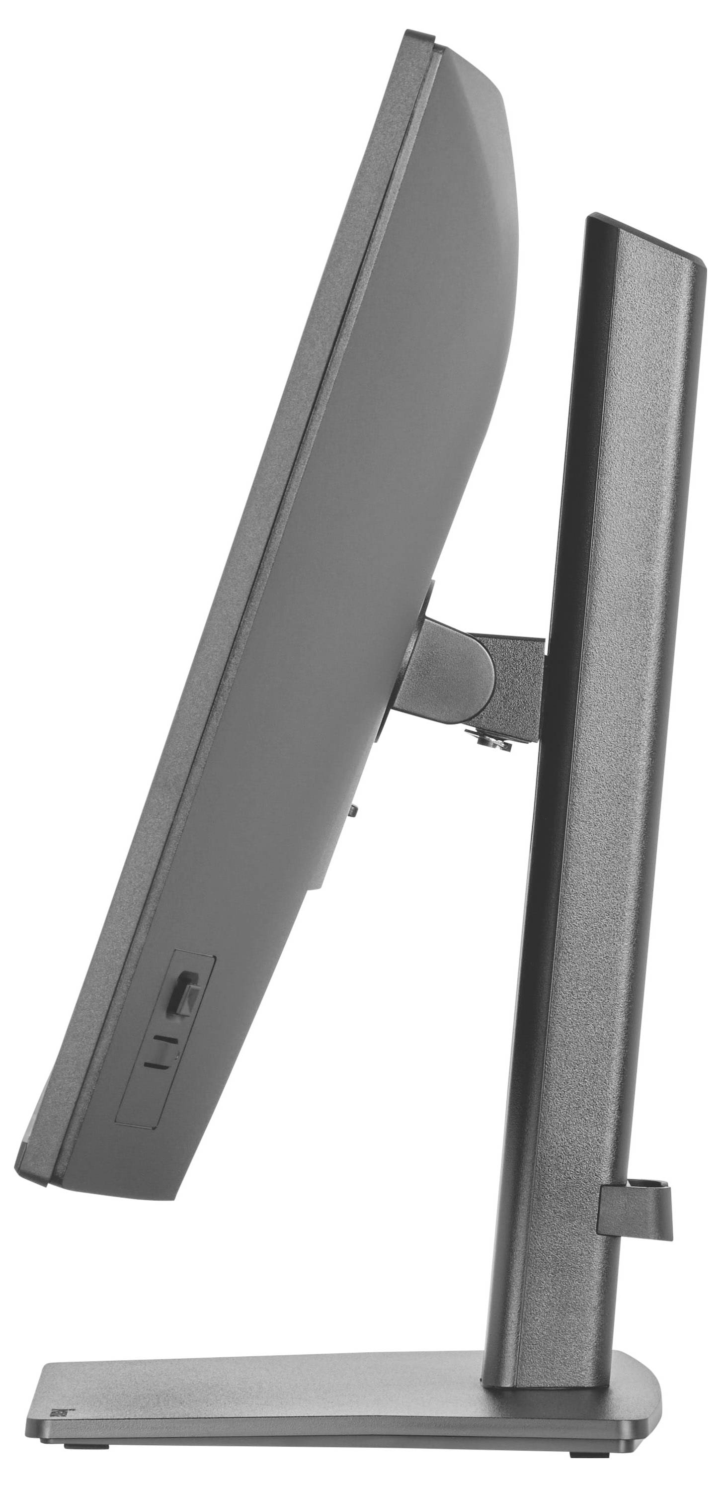 Een slanke, moderne computermonitor van opzij gezien, met een elegant verstelbaar standaard.