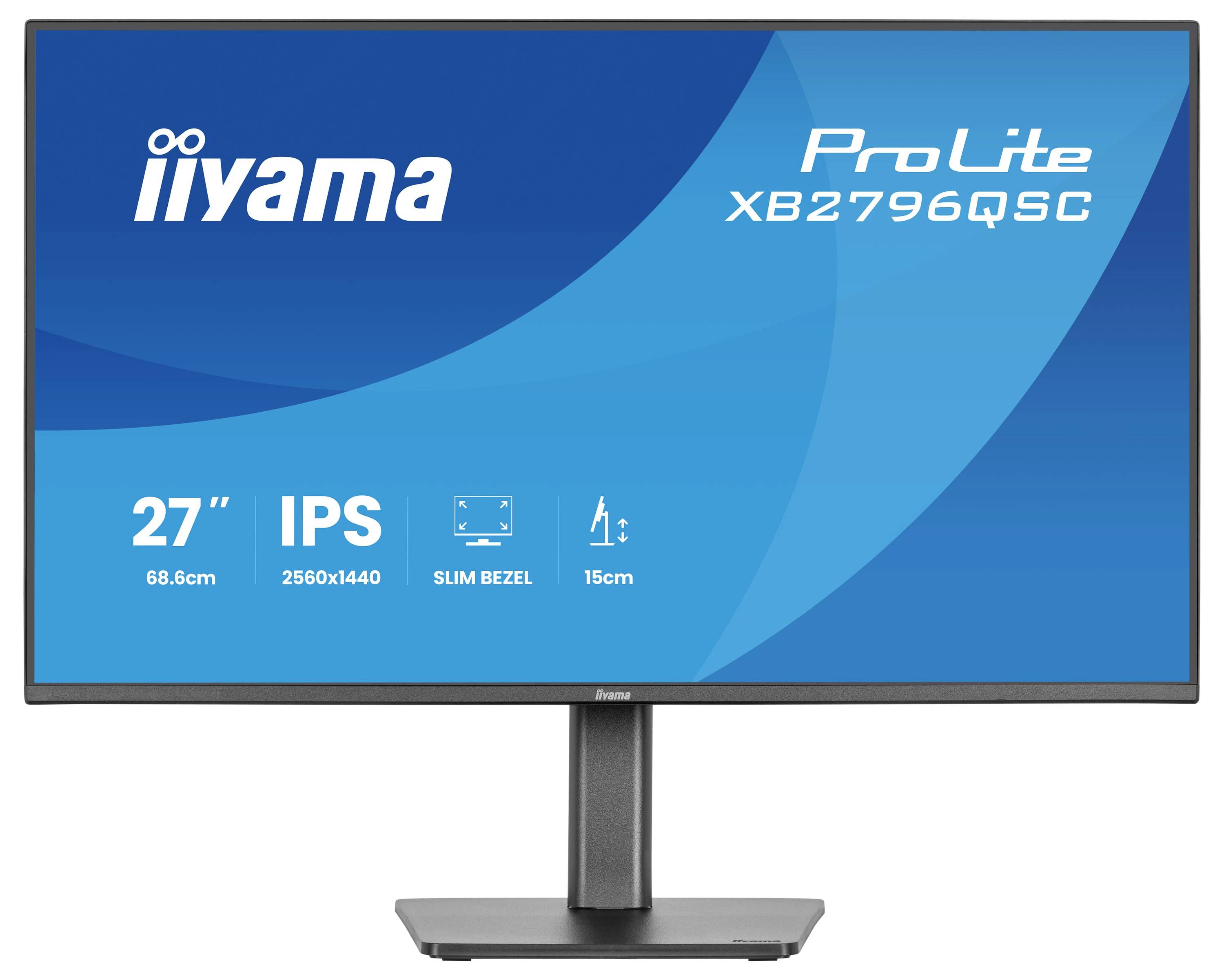'ProLite XB2796QSC' computermonitor van iiyama afgebeeld. Functies zijn onder andere 27" display, IPS-technologie, 2560x1440-resolutie en slanke rand.