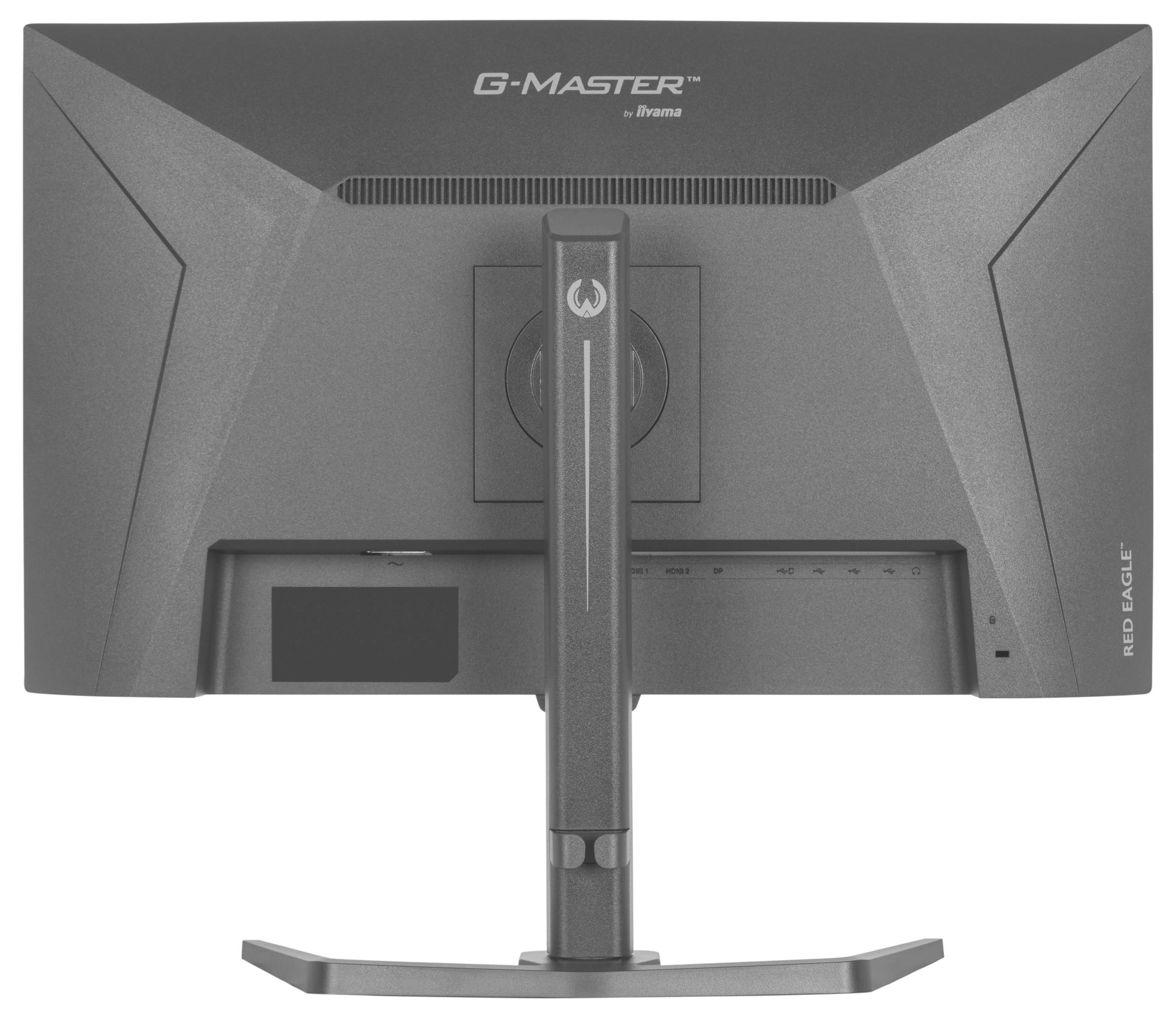'G-Master' computermonitor, achteraanzicht, met standaard en merkdetails in een gestroomlijnd ontwerp.