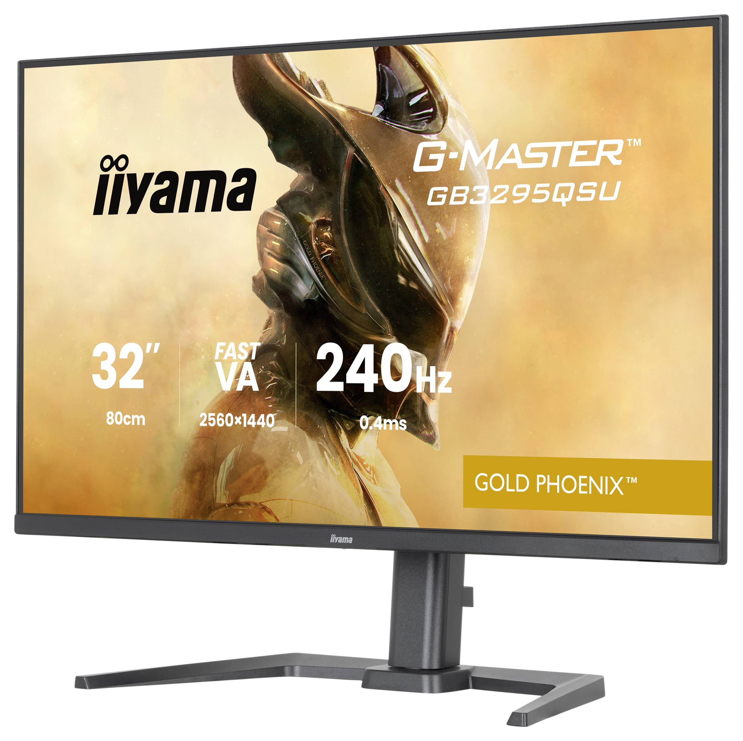 32-inch gamingmonitor met 'G-Master GB3295QSU'-branding, met een resolutie van 2560x1440, 240Hz verversingsfrequentie en 'Gold Phoenix'-design.