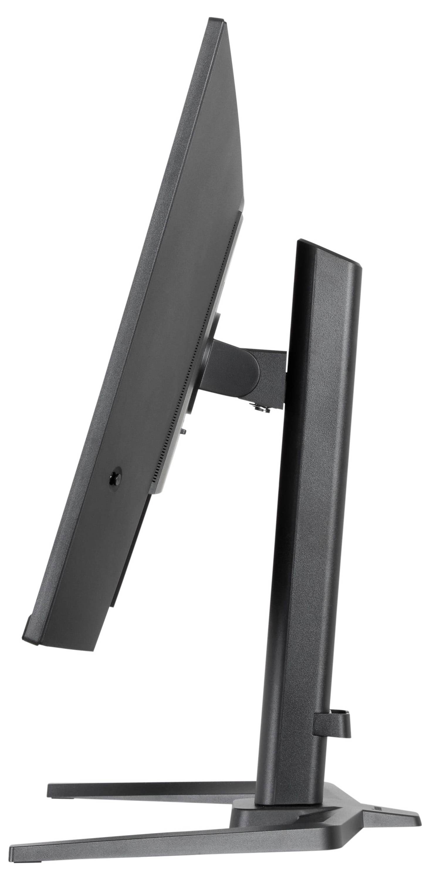 Zijkant van een gestroomlijnde, moderne computermonitor op een standaard, met dunne constructie en verstelbare hoogte.