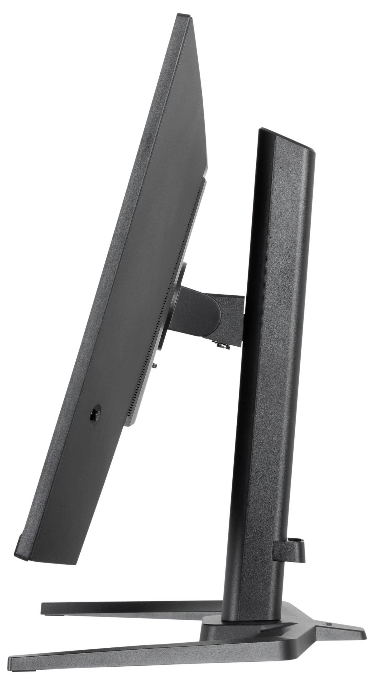 'Zijaanzicht van een zwarte flatscreen computermonitor op een standaard.'