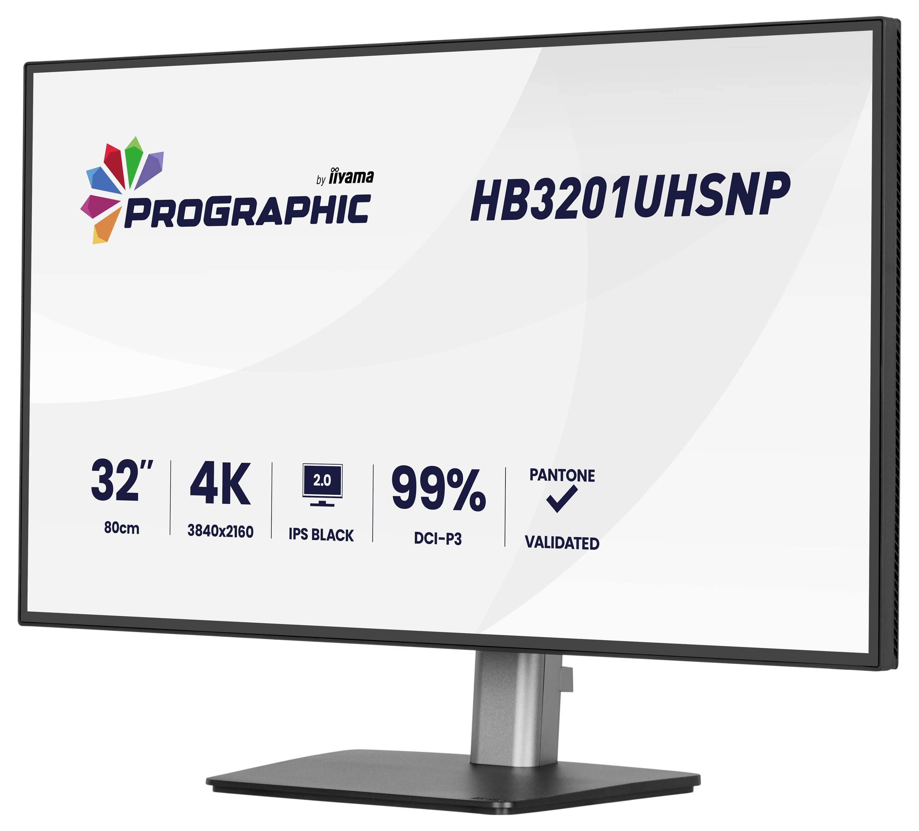Een 32-inch monitor met specificaties: 4K-resolutie (3840x2160), 99% DCI-P3-kleurnauwkeurigheid, IPS-zwart-technologie, Pantone gevalideerd.