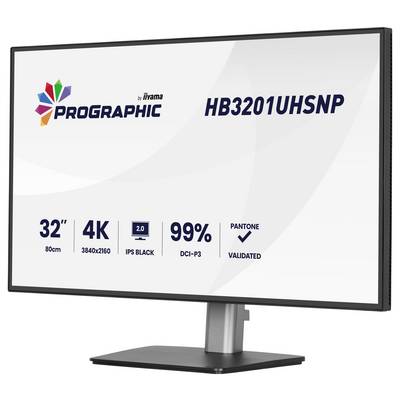 Een 32-inch monitor met specificaties: 4K-resolutie (3840x2160), 99% DCI-P3-kleurnauwkeurigheid, IPS-zwart-technologie, Pantone gevalideerd.