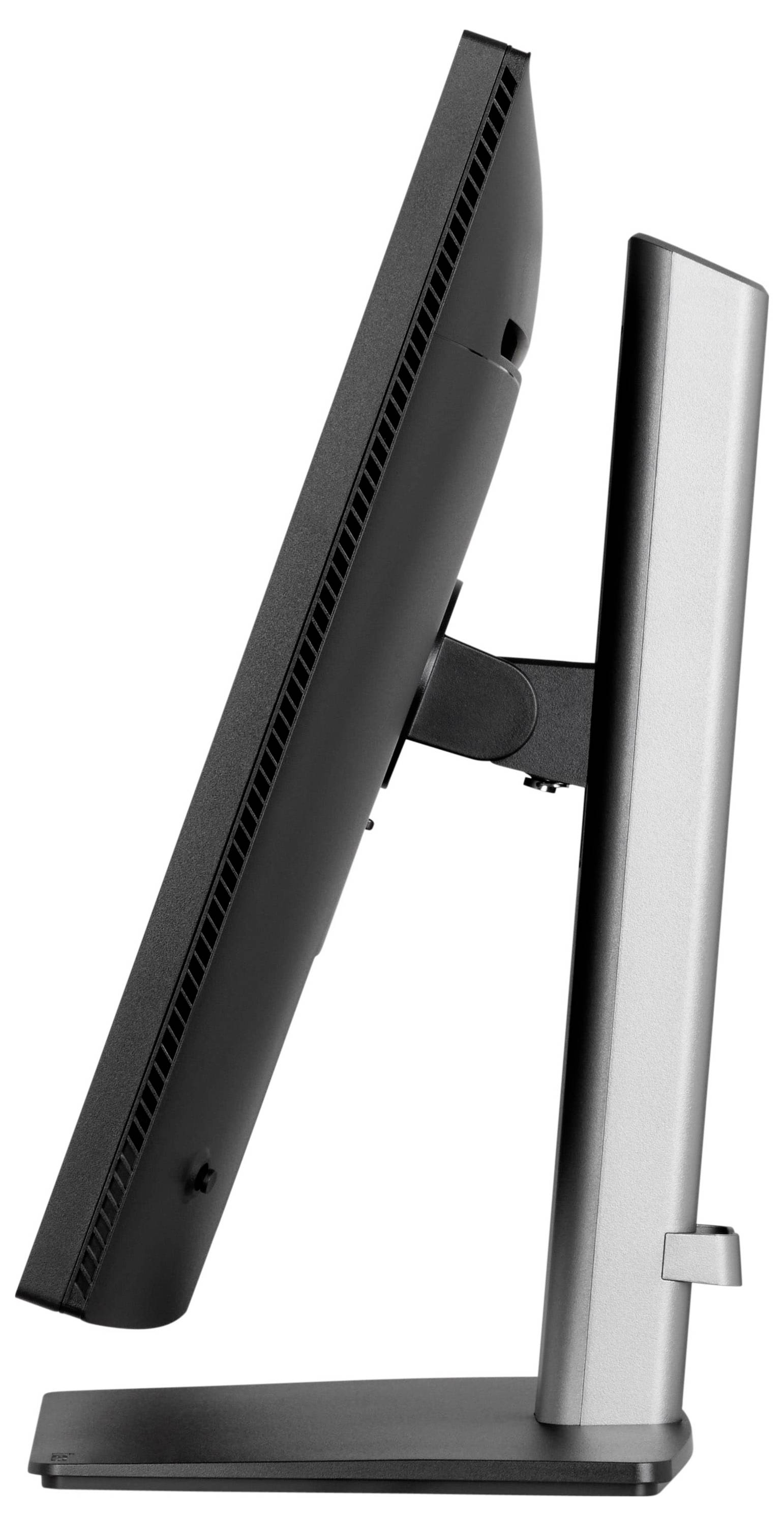 Een zijkant van een platte, dunne computermonitor op een standaard, die het slanke ontwerp en het verstelbare kantelingsmechanisme toont.