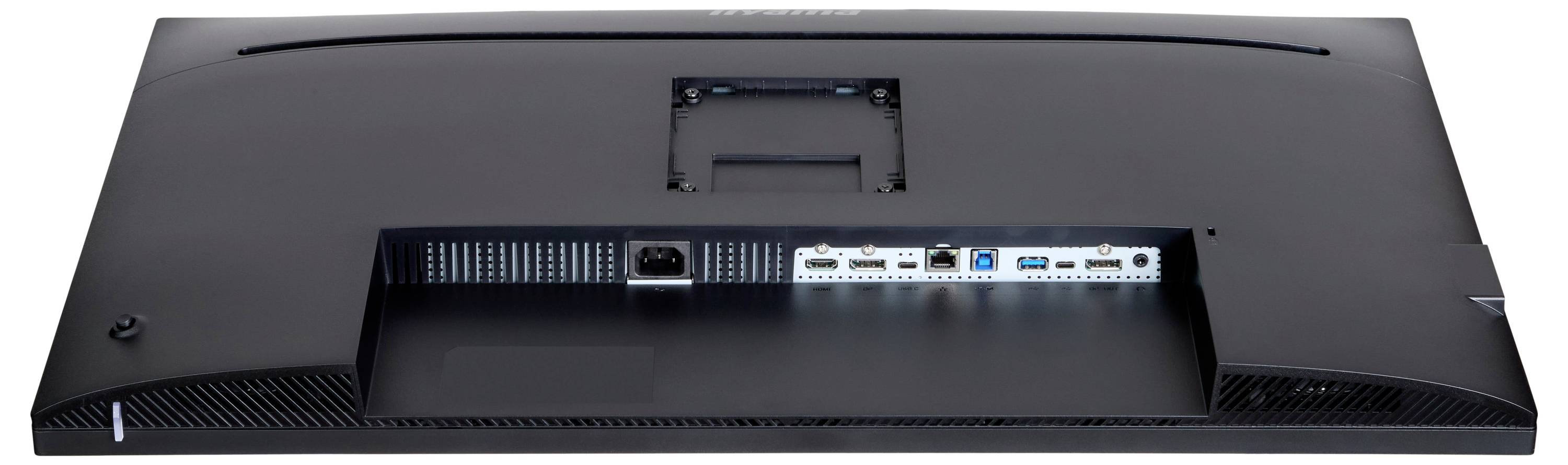 Achterkant van een computermonitor met verschillende poorten, waaronder HDMI, USB en stroomconnecties, die connectiviteitsopties aangeven.