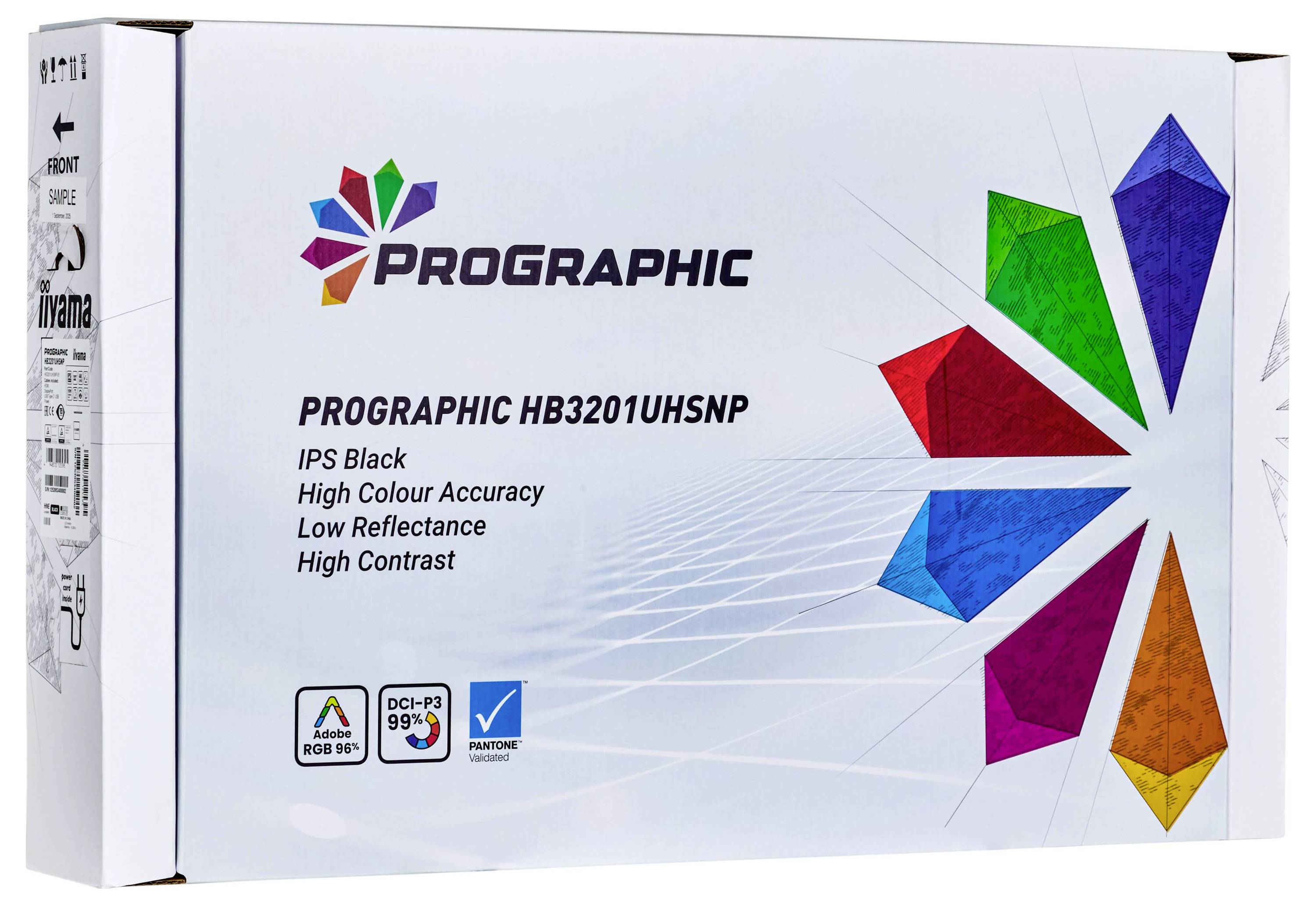 'PROGRAPHIC HB3201UHSNP' monitorscherm met levendige geometrische vormen. Belangrijkste kenmerken: IPS zwart, hoge kleurnauwkeurigheid, lage reflectie, hoog contrast.