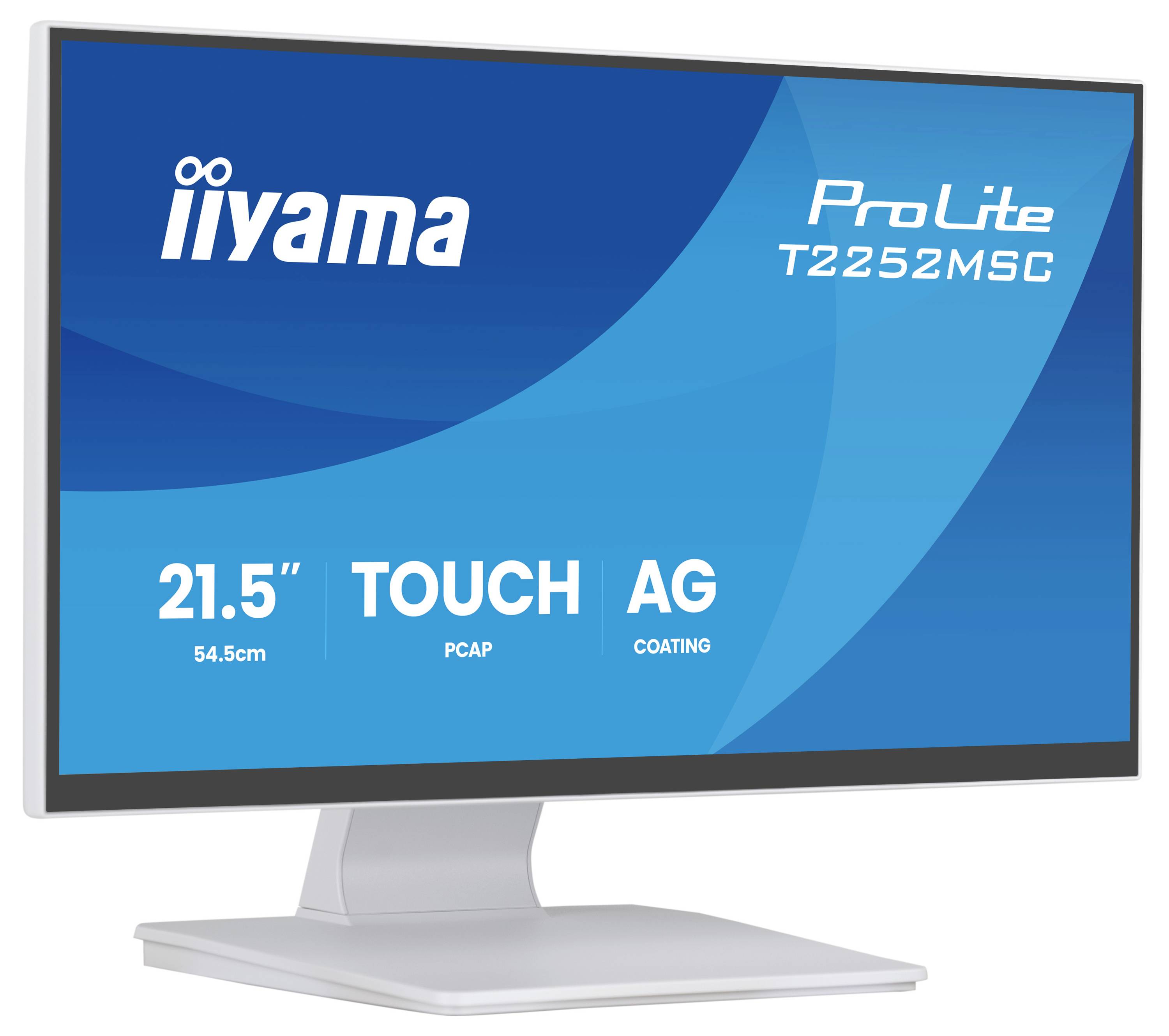 Een computermonitor van achteren bekeken, met een eenvoudig ontwerp met een centraal standaard en poorten aan de onderkant links.