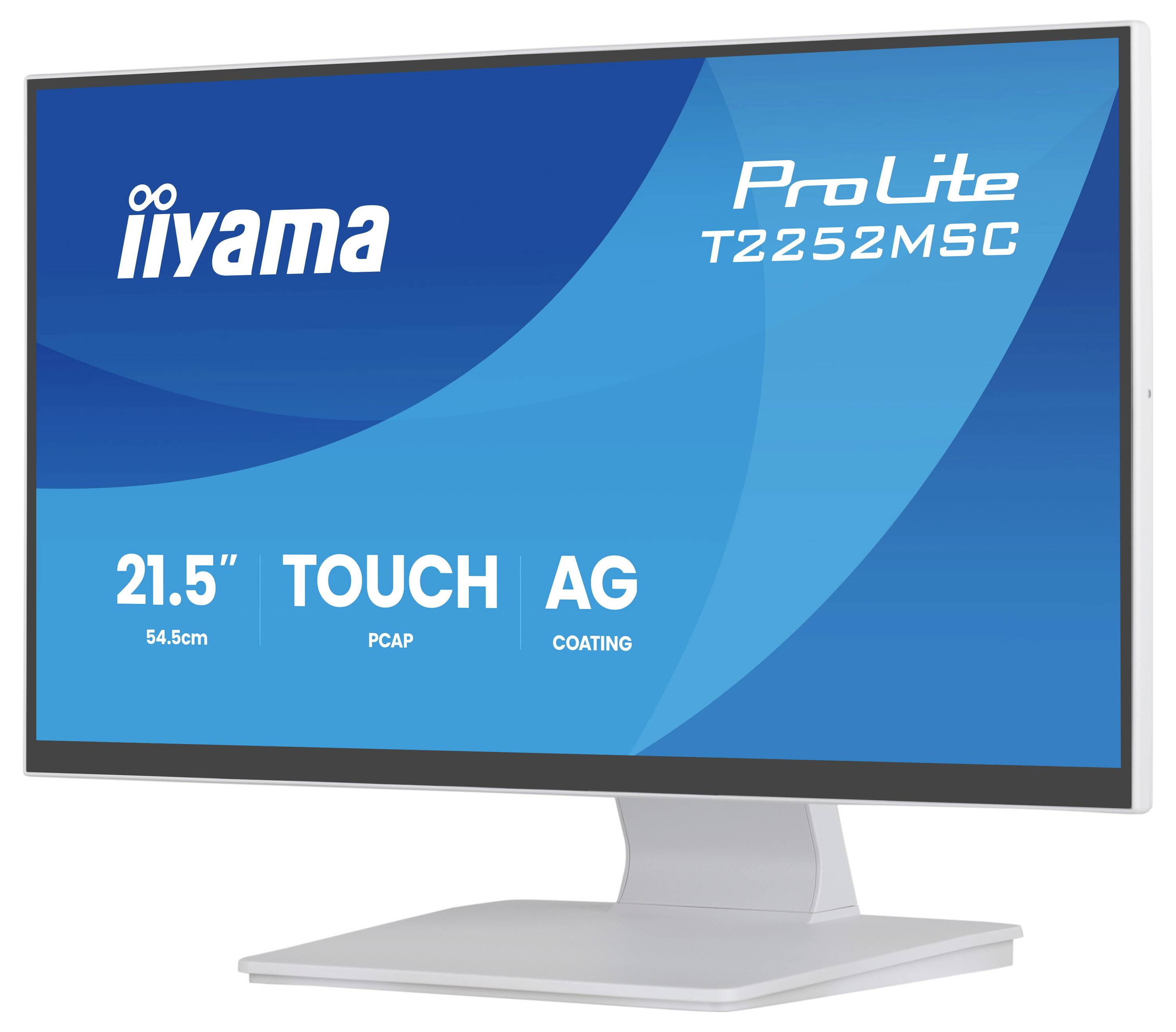 Een computermonitor met 'iiyama ProLite T2252MSC' op het scherm, met functies zoals 21,5-inch grootte, aanraakfunctionaliteit, PCAP en AG-coating.