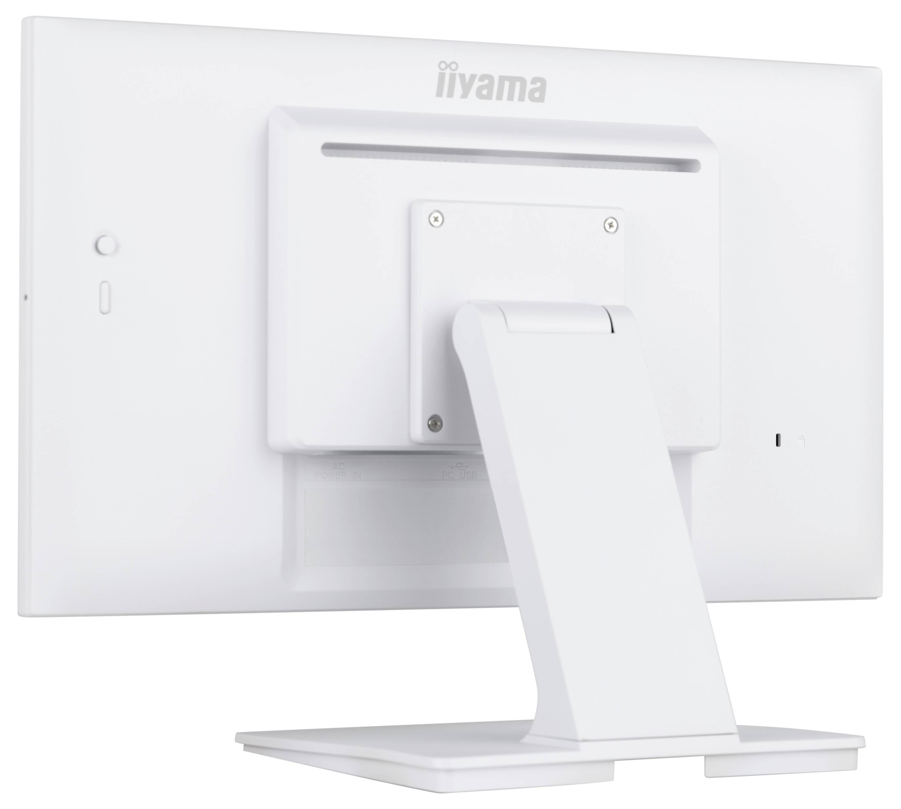 Een witte iiyama-monitor van achteren bekeken, met het zichtbare standaard en montagegebied.