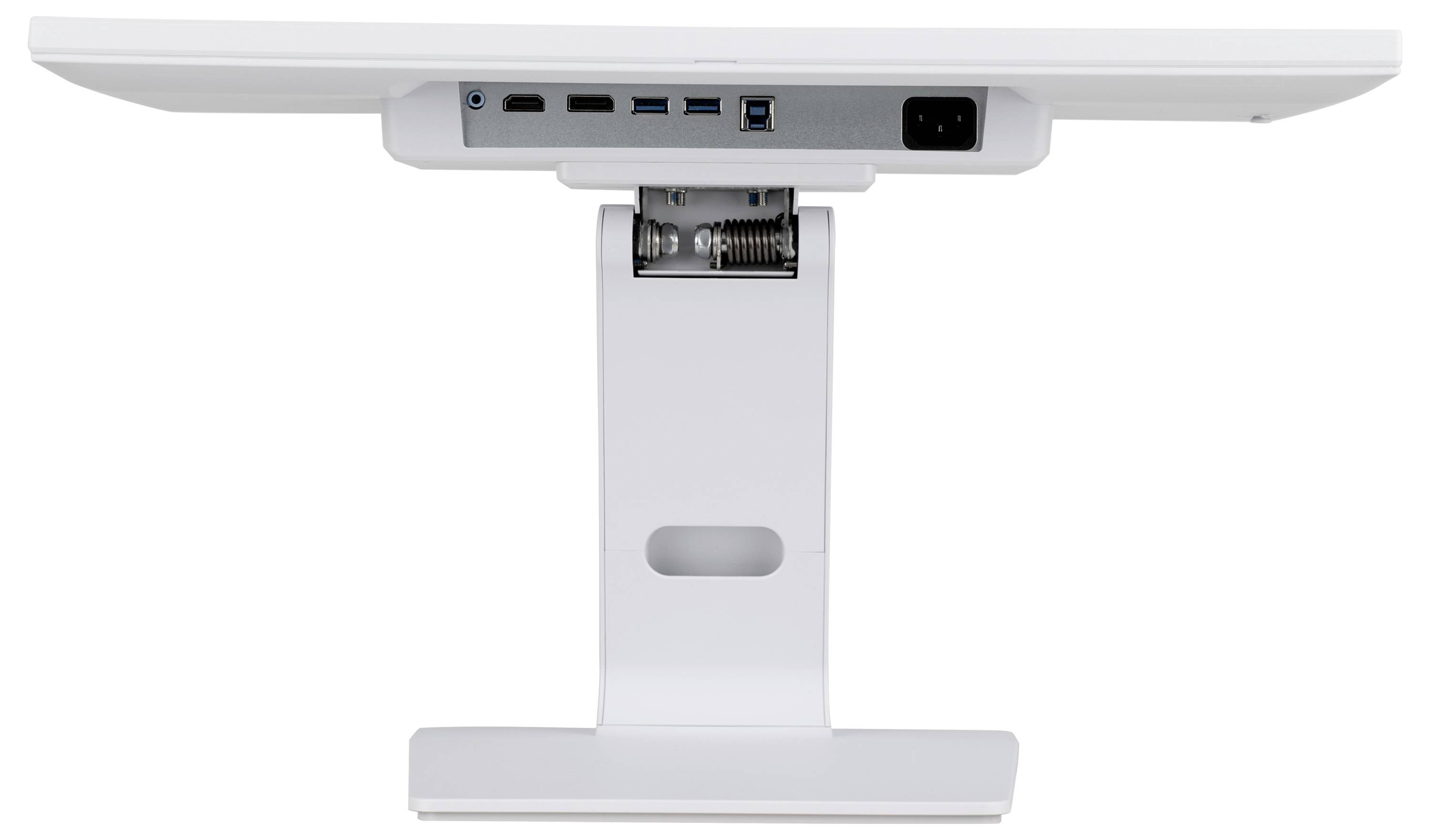 Een witte monitor van achteren gezien toont verschillende invoerpoorten en een stopcontact, gemonteerd op een witte verstelbare standaard.